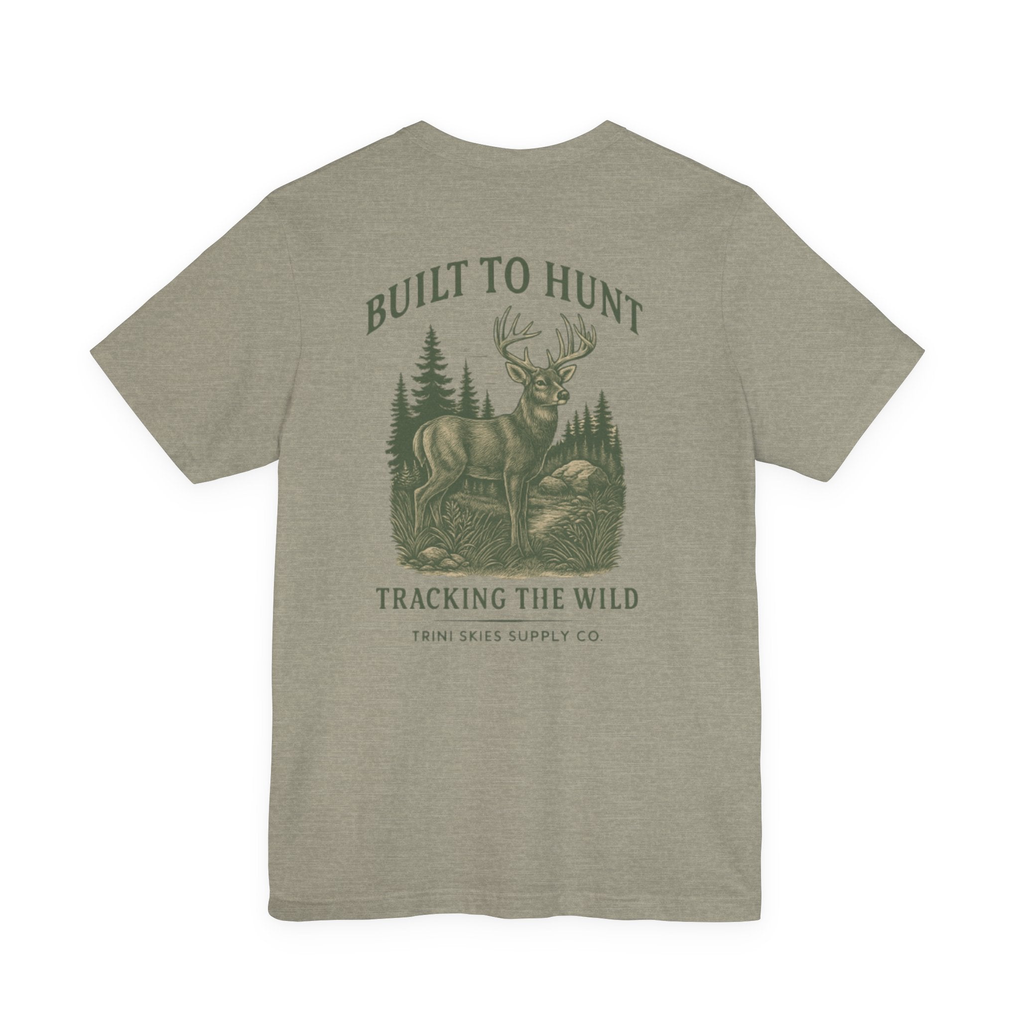 Olive green Trini Skies Supply hunting tee with vintage-inspired buck illustration and Built to Hunt text