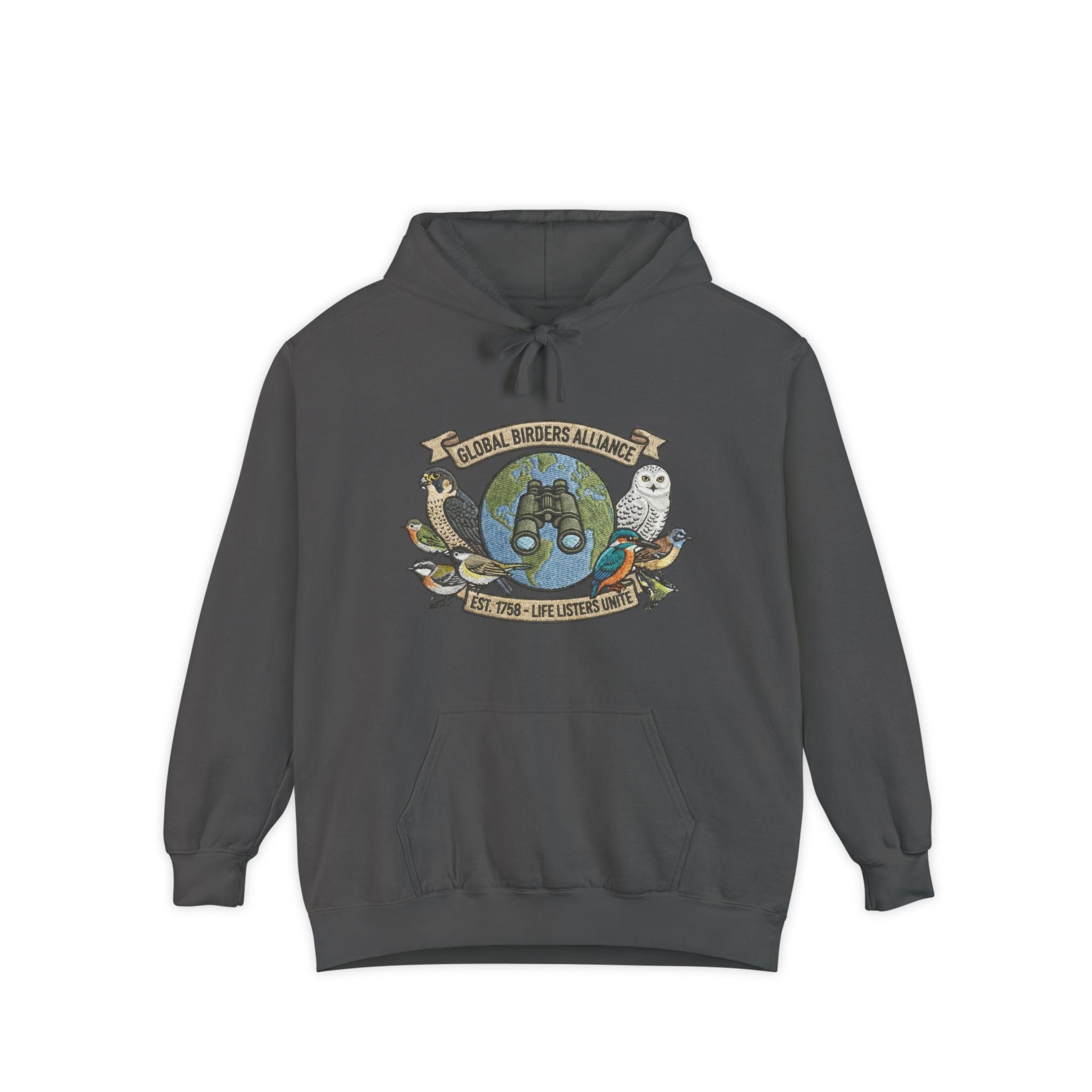 Charcoal gray bird watcher sweatshirt with Global Birders Alliance owl logo