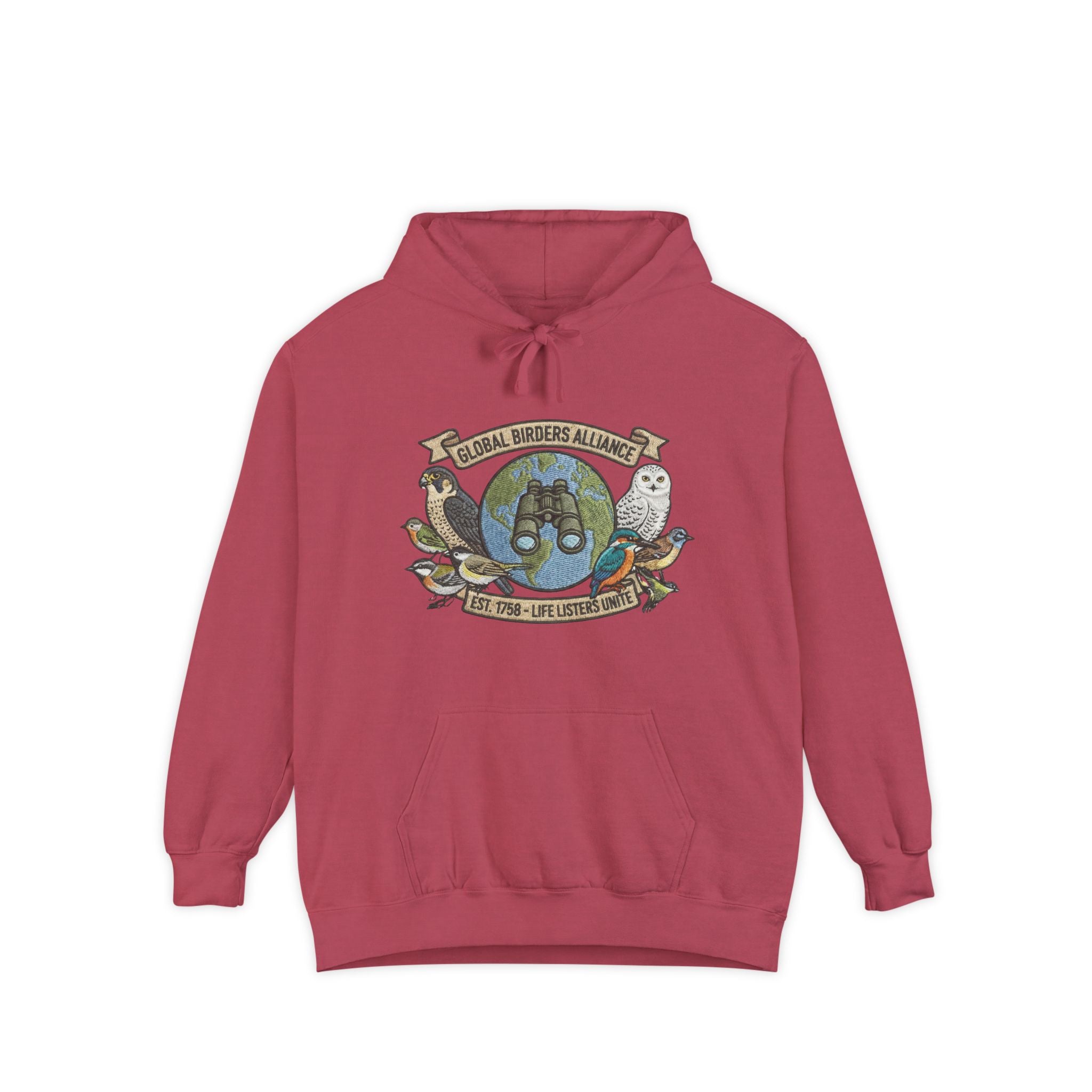 Maroon bird watcher sweatshirt with Global Birders Alliance owl logo