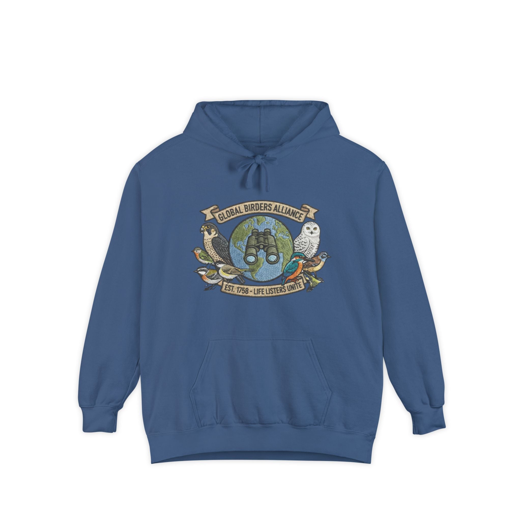 Blue Bird Watcher Sweatshirt with Global Birders Alliance Owl Logo