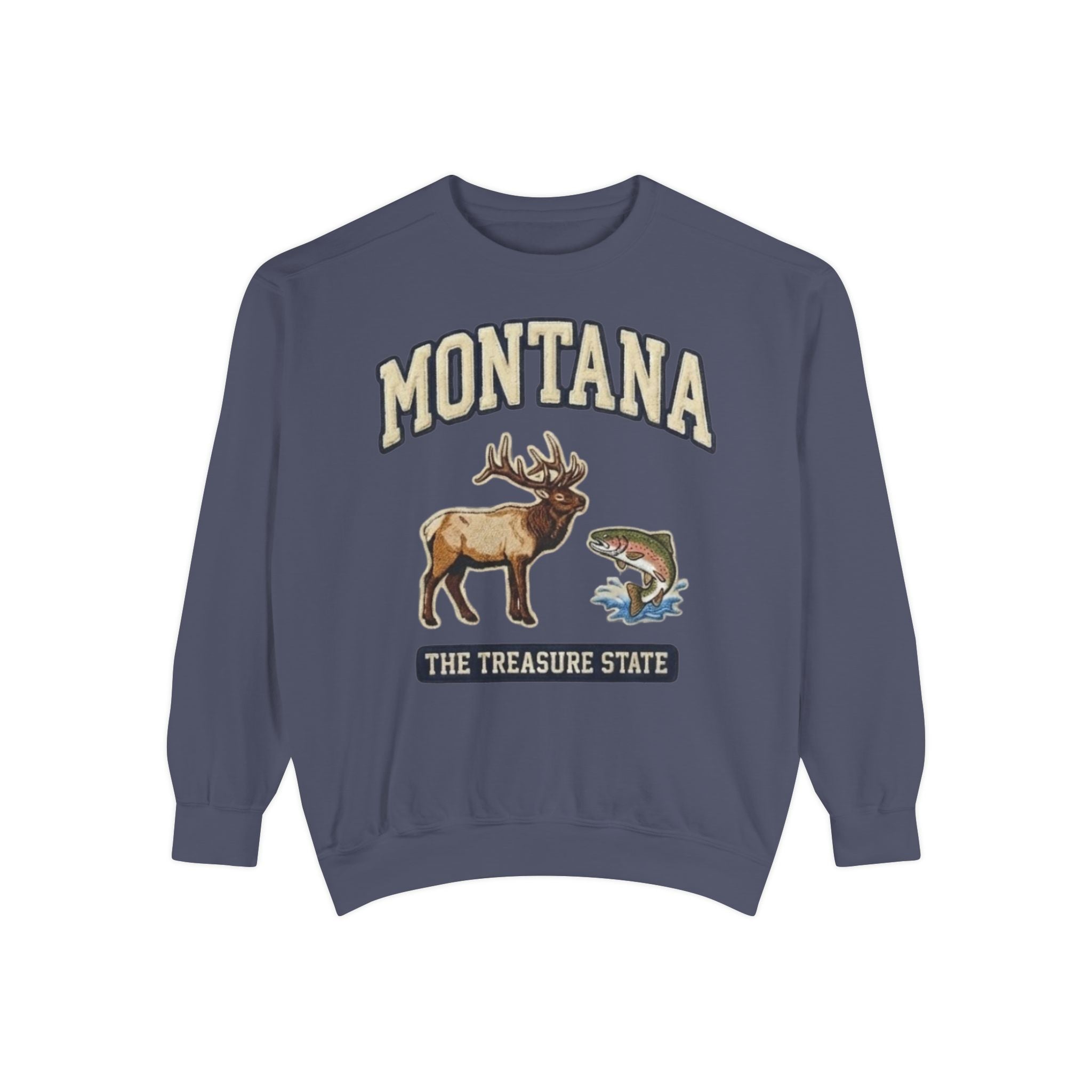 Vintage inspired elk and trout wildlife graphic on Montana sweatshirt