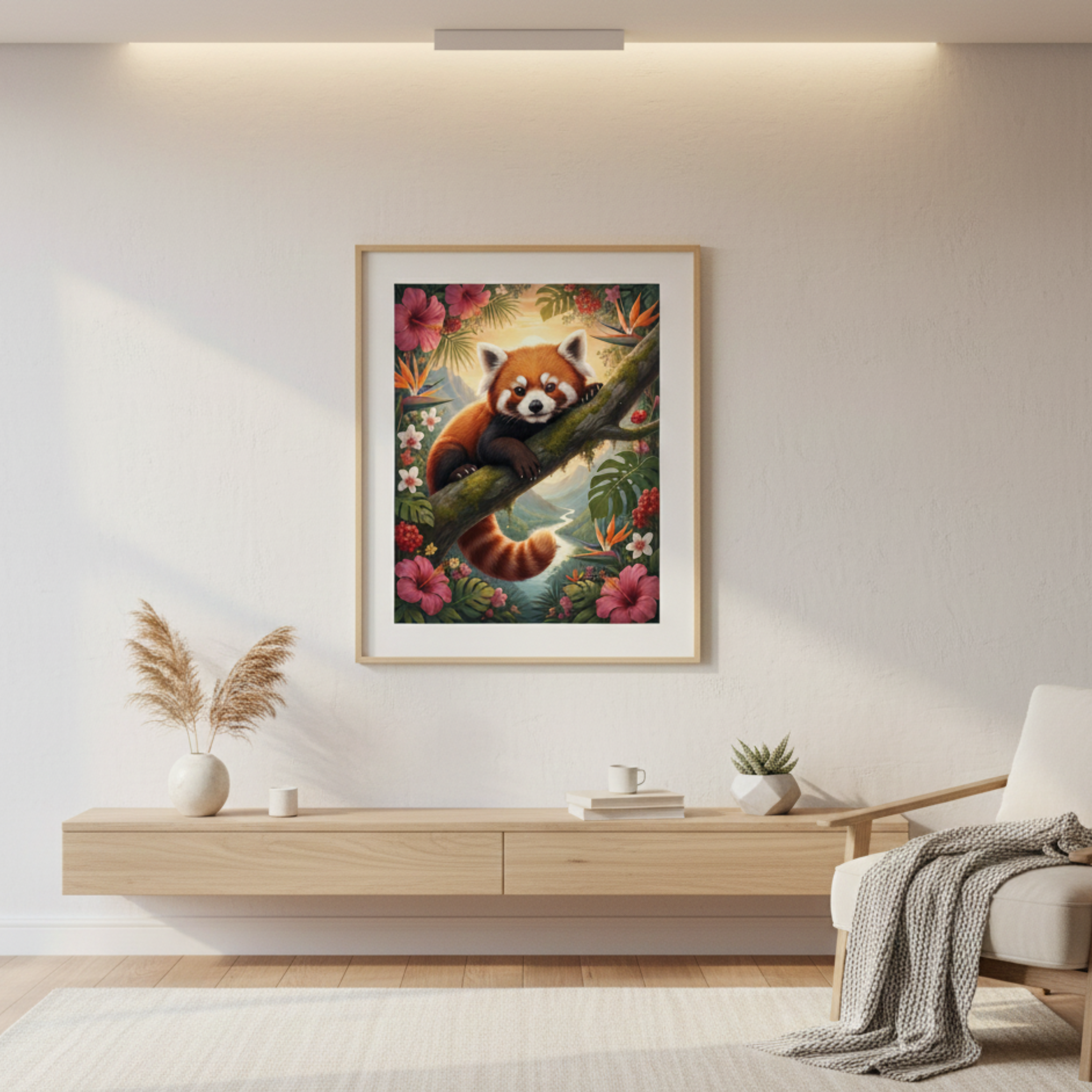 Red Panda Botanical Art Print – Vintage-Inspired Wildlife Wall Art | Tropical Forest Illustration