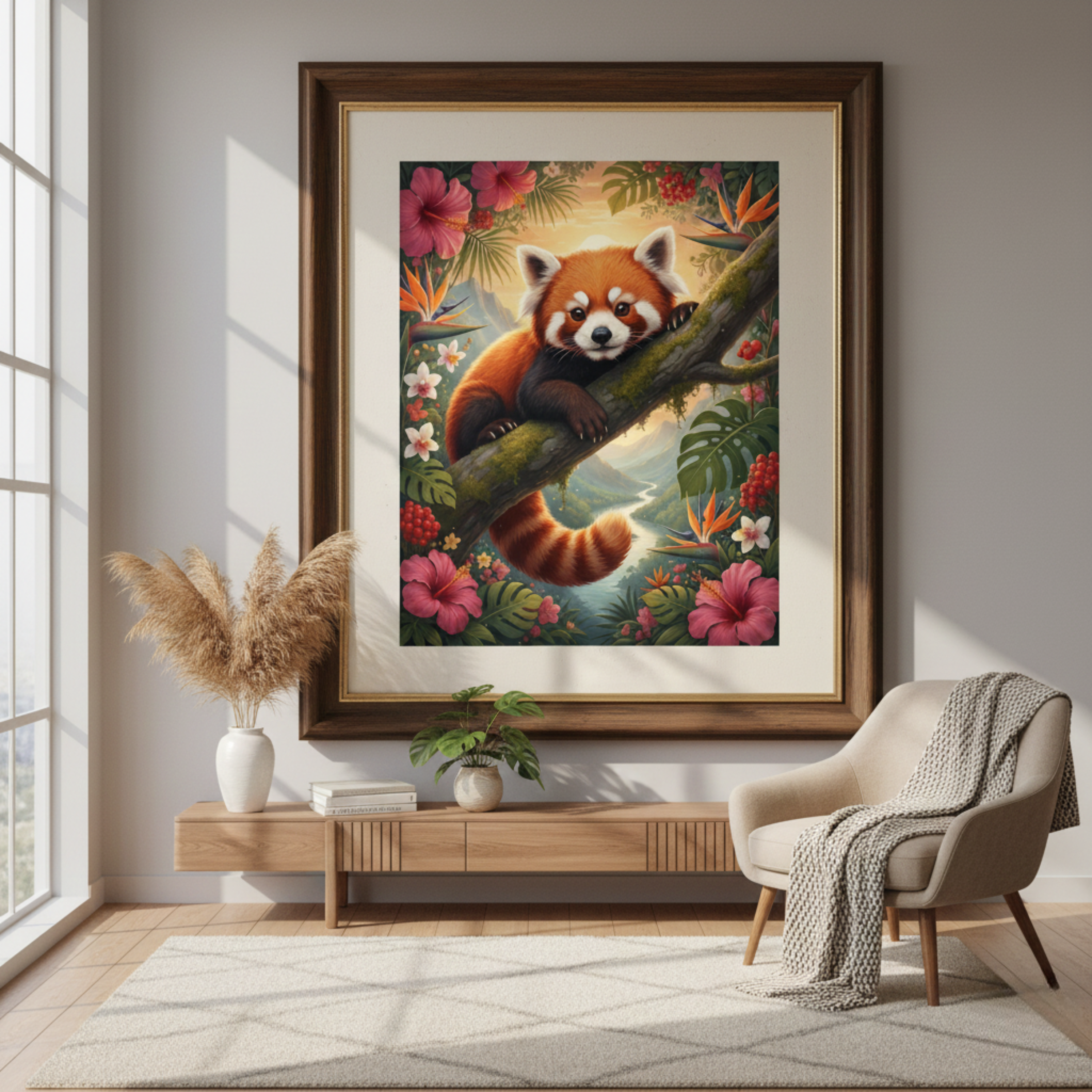 Red Panda Botanical Art Print – Vintage-Inspired Wildlife Wall Art | Tropical Forest Illustration