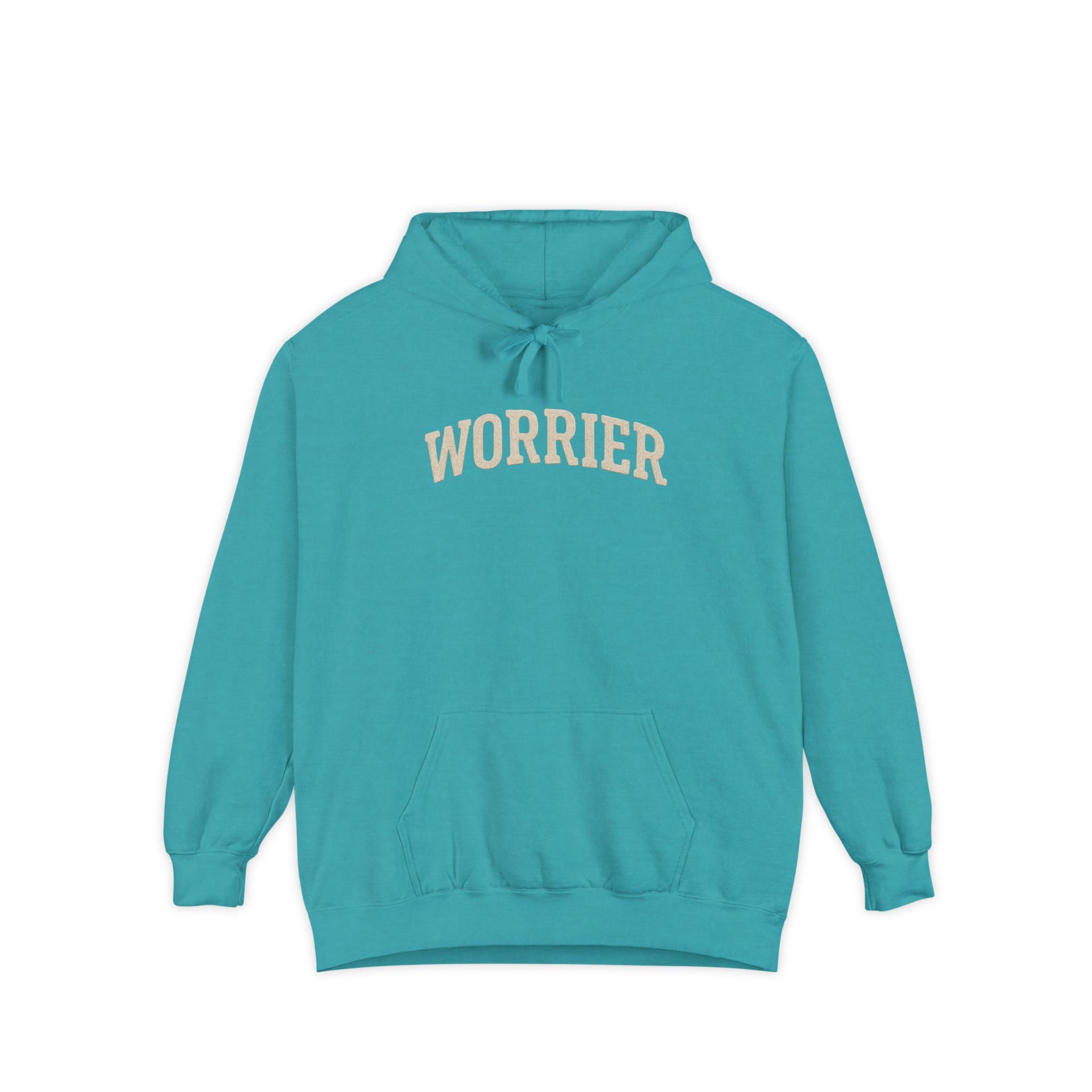 Teal Anxiety Hoodie with Worrier Text in White, Comfort Colors Design