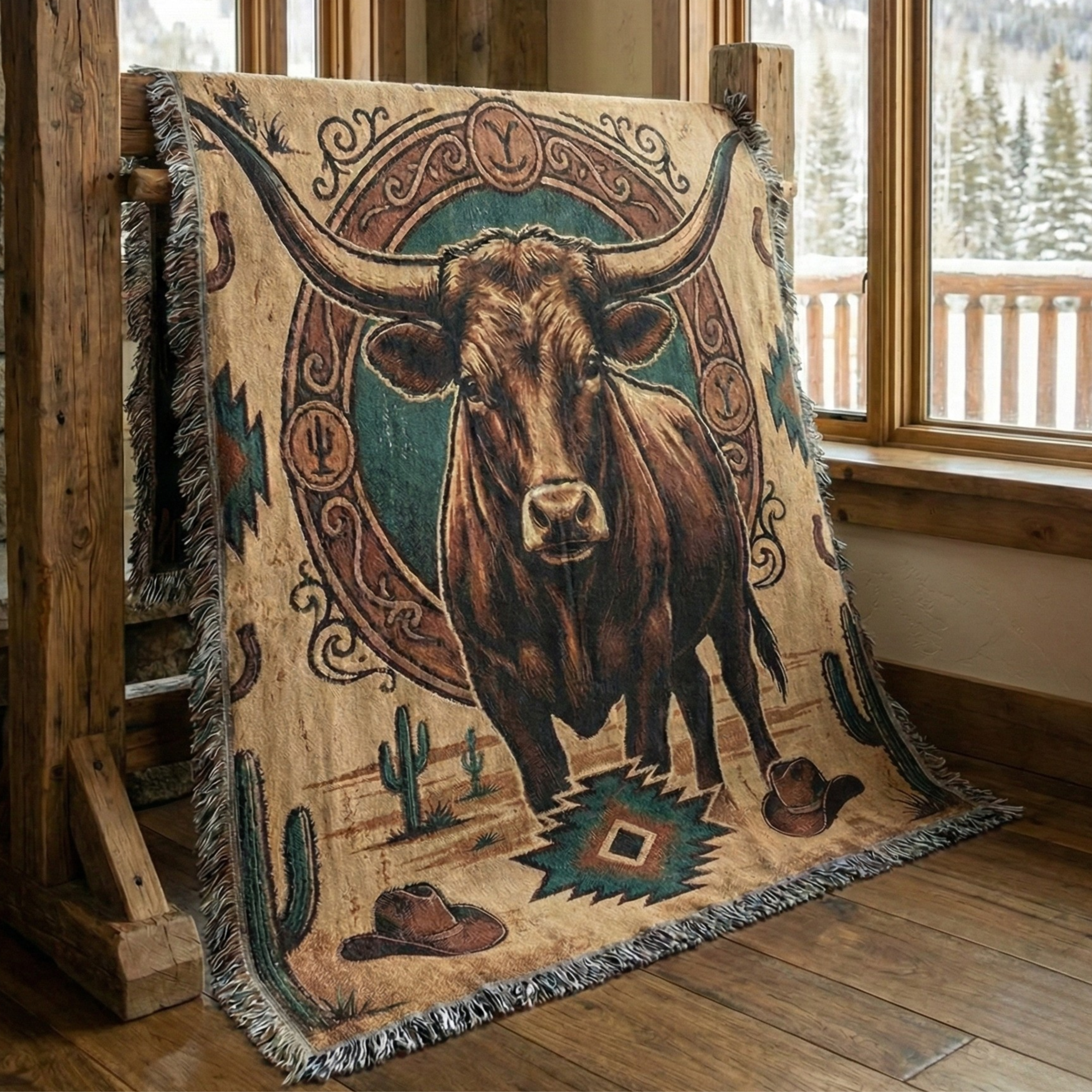Longhorn Frontier Emblem – Woven Cotton Western Heritage Blanket Western Gifts