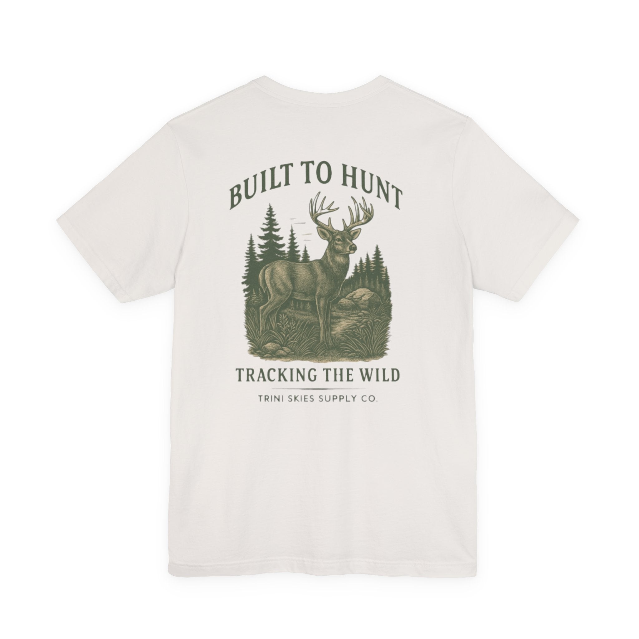 Trini Skies Supply vintage-inspired buck tee with green Built to Hunt text