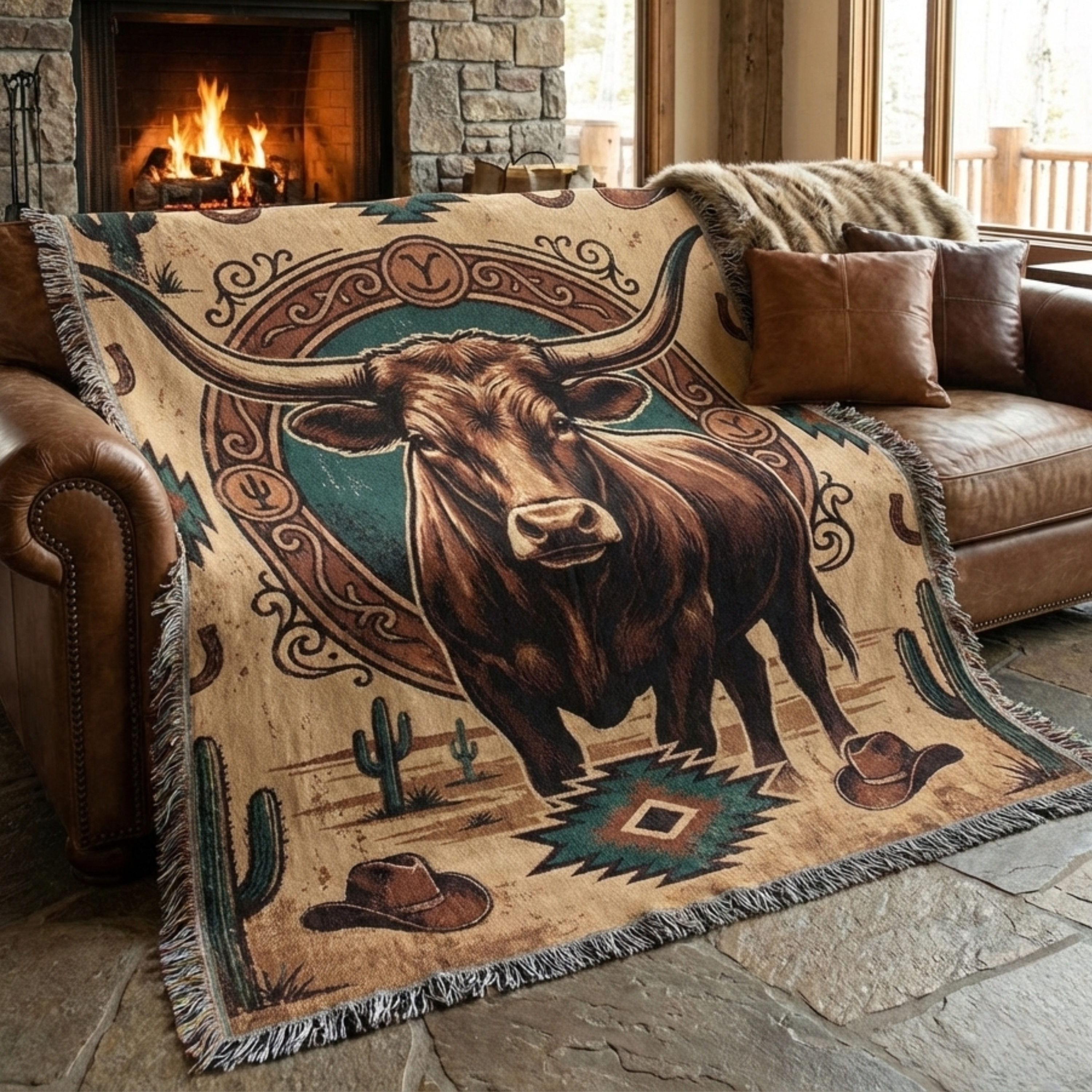 Longhorn Frontier Emblem – Woven Cotton Western Heritage Blanket Western Gifts