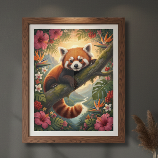 Red Panda Botanical Art Print – Vintage-Inspired Wildlife Wall Art | Tropical Forest Illustration