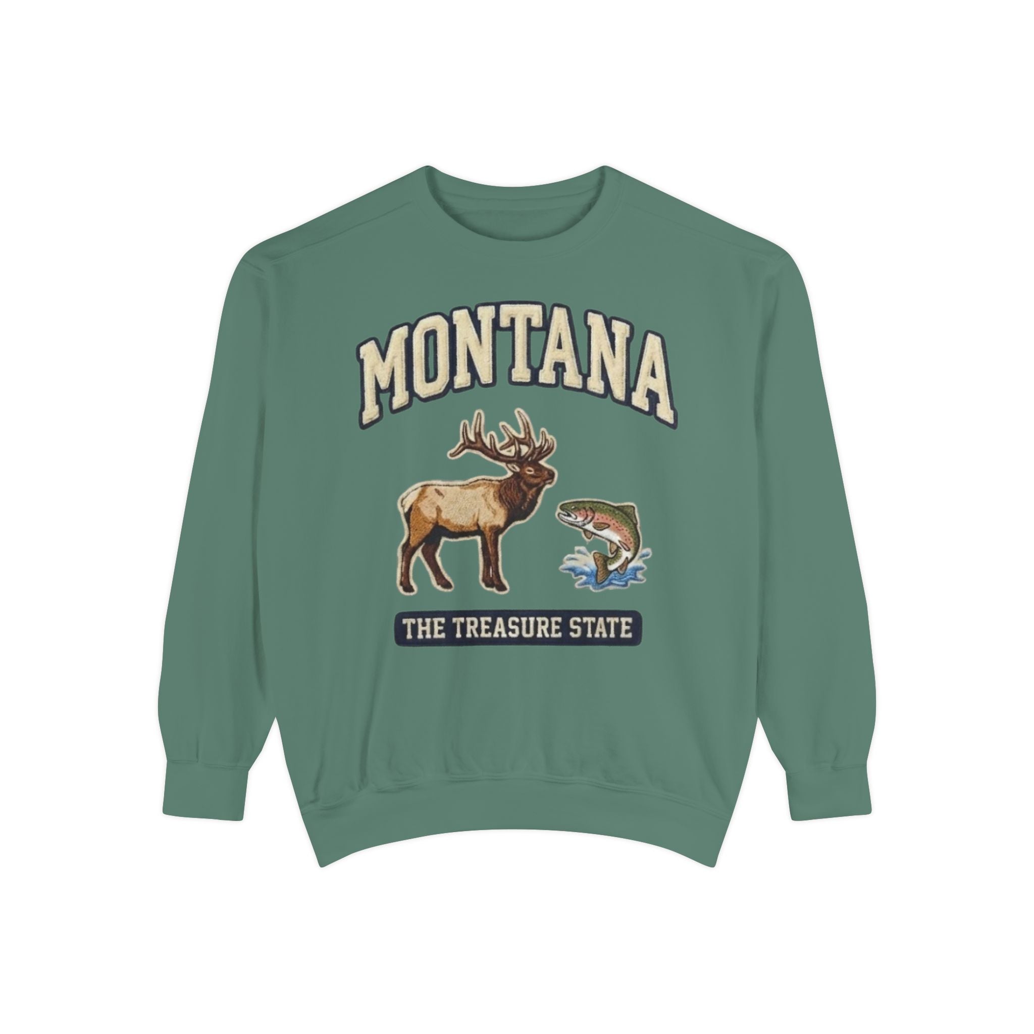 Vintage inspired elk and trout wildlife graphic on Montana sweatshirt