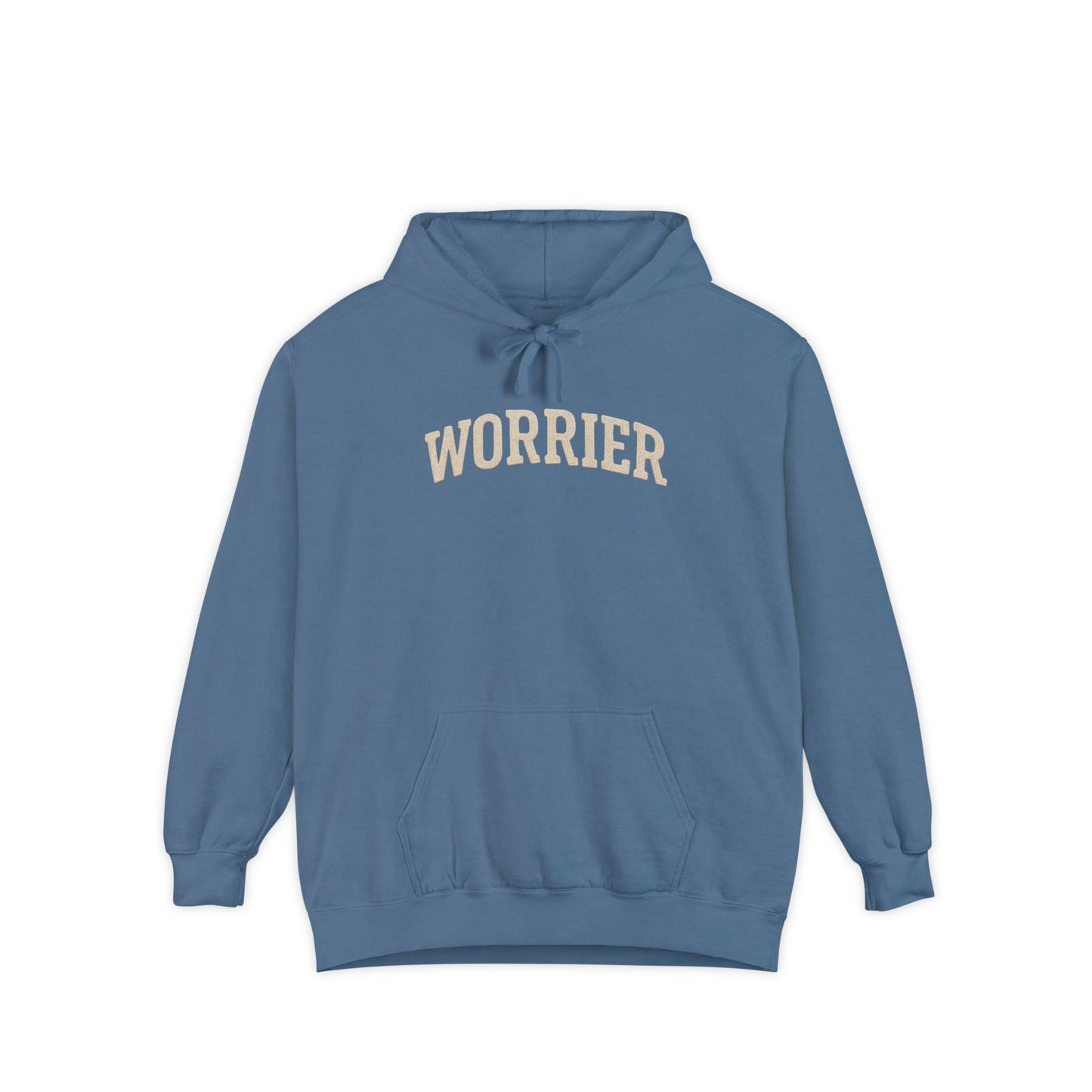 Blue Anxiety Hoodie with Worrier Text in Beige, Comfort Colors