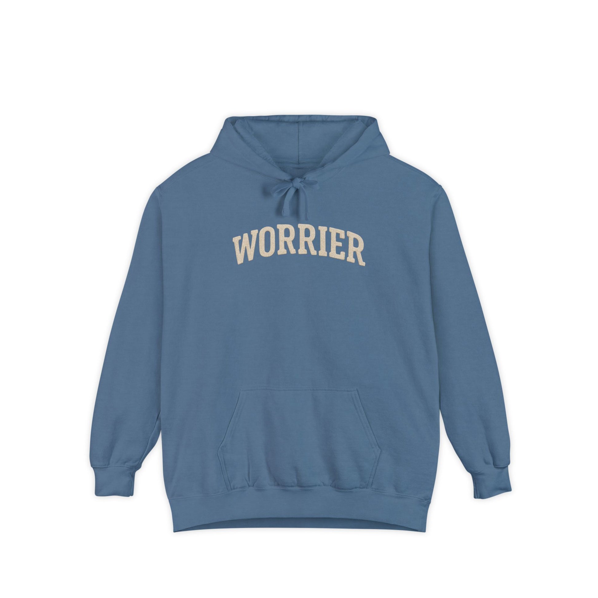 Blue Anxiety Hoodie with Worrier Text in Beige, Comfort Colors