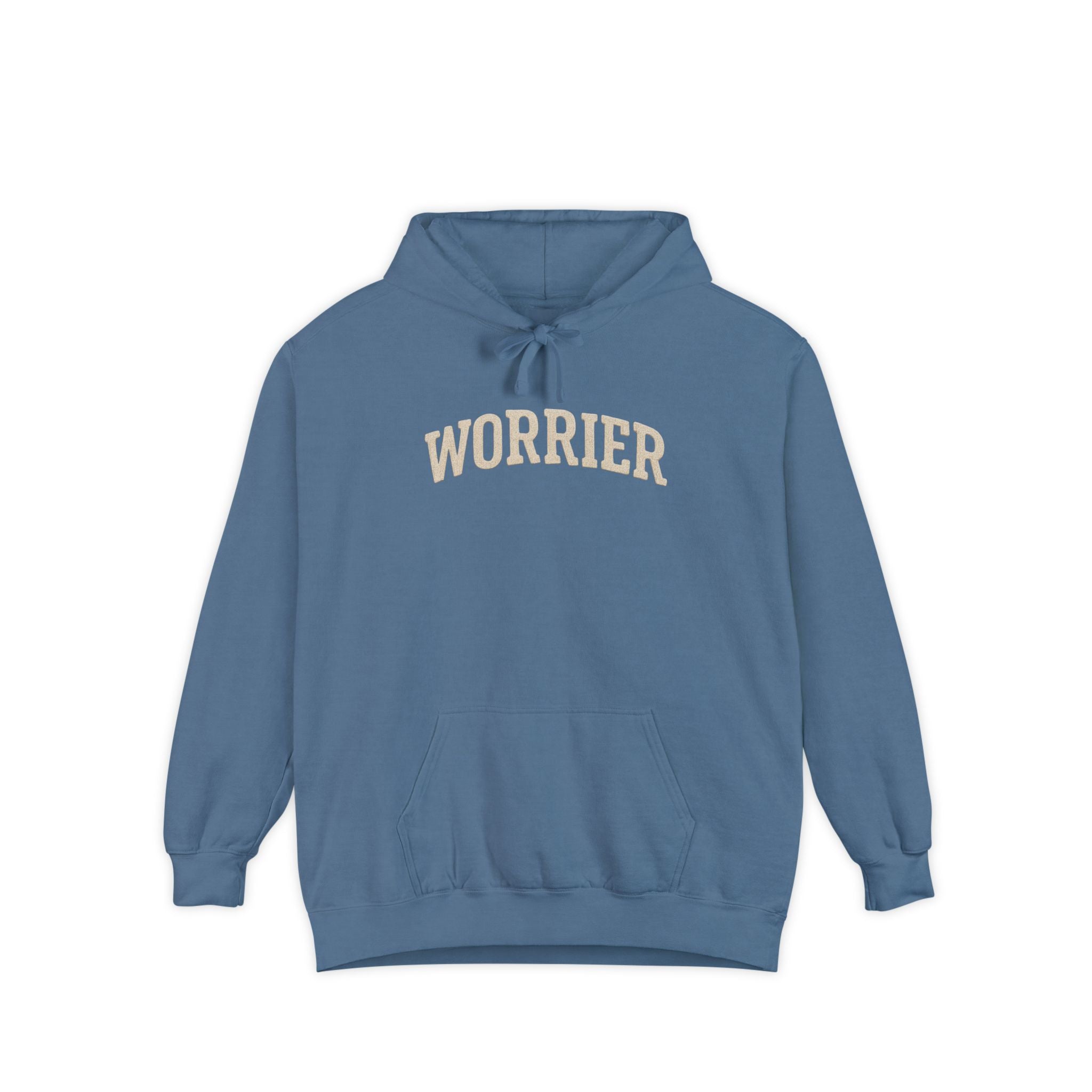 Blue Anxiety Hoodie with Worrier Text in Beige, Comfort Colors