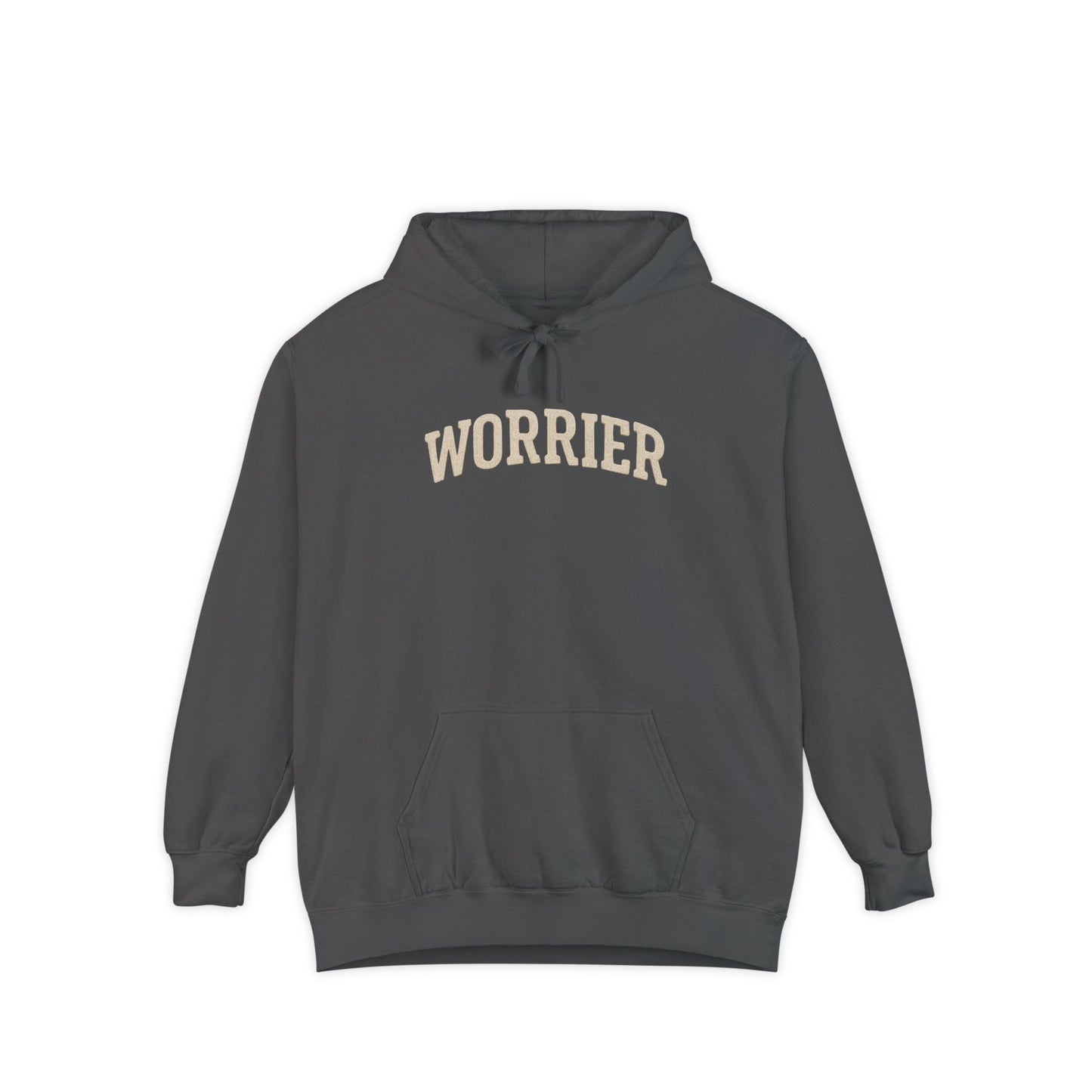 Charcoal gray Anxiety Hoodie with Worrier text in distressed beige font, Comfort Colors