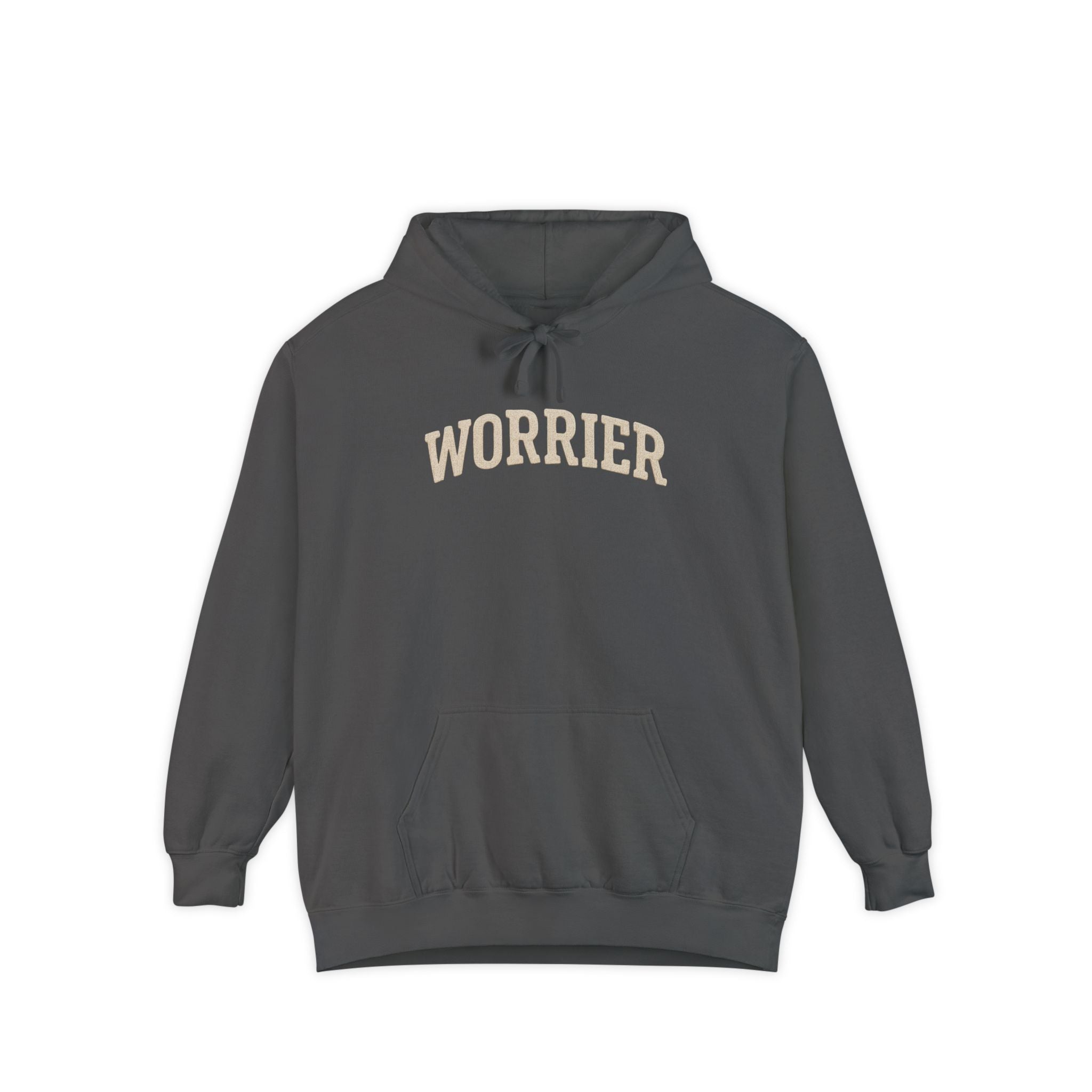 Charcoal gray Anxiety Hoodie with Worrier text in distressed beige font, Comfort Colors