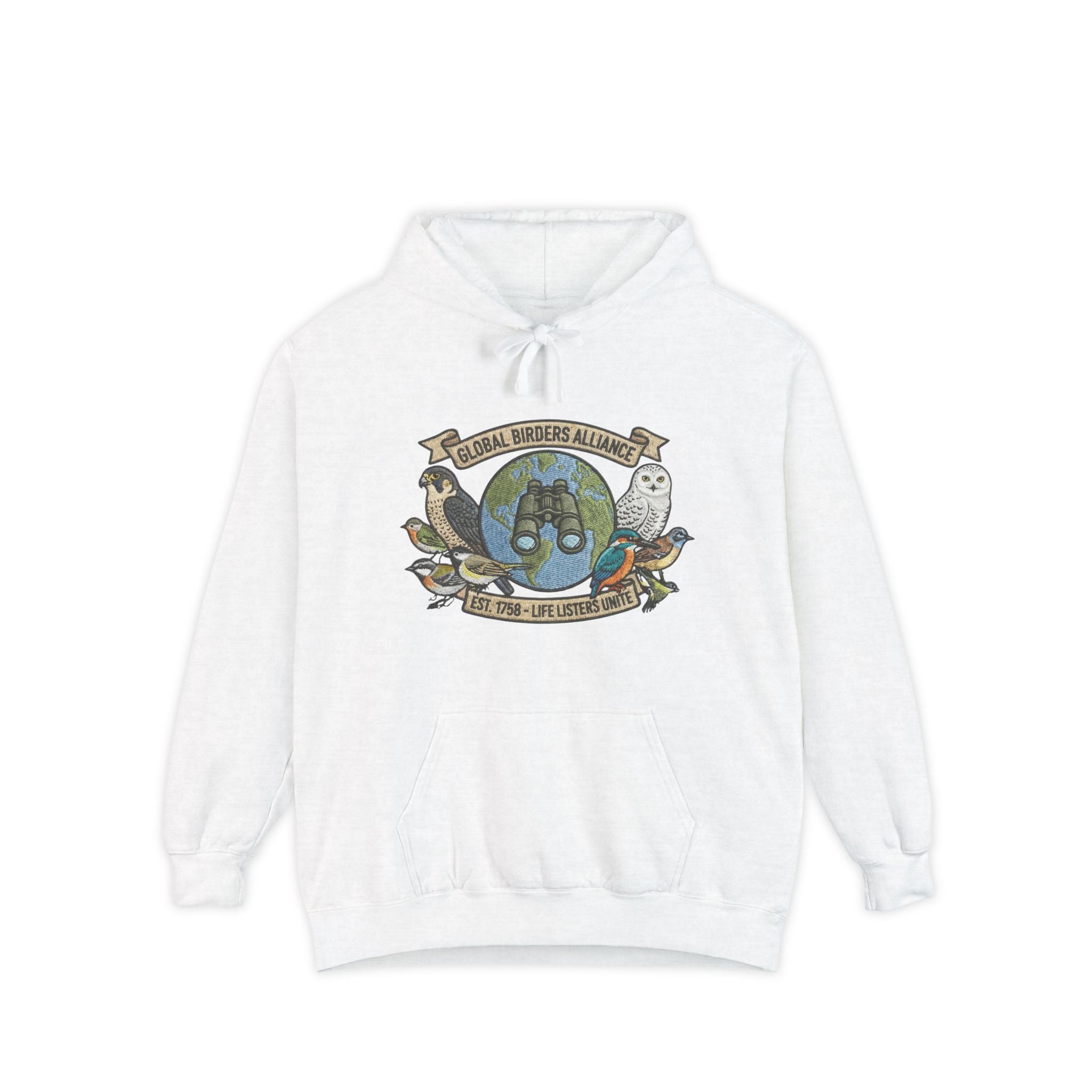 White Bird Watcher Sweatshirt with Owl Binoculars Design