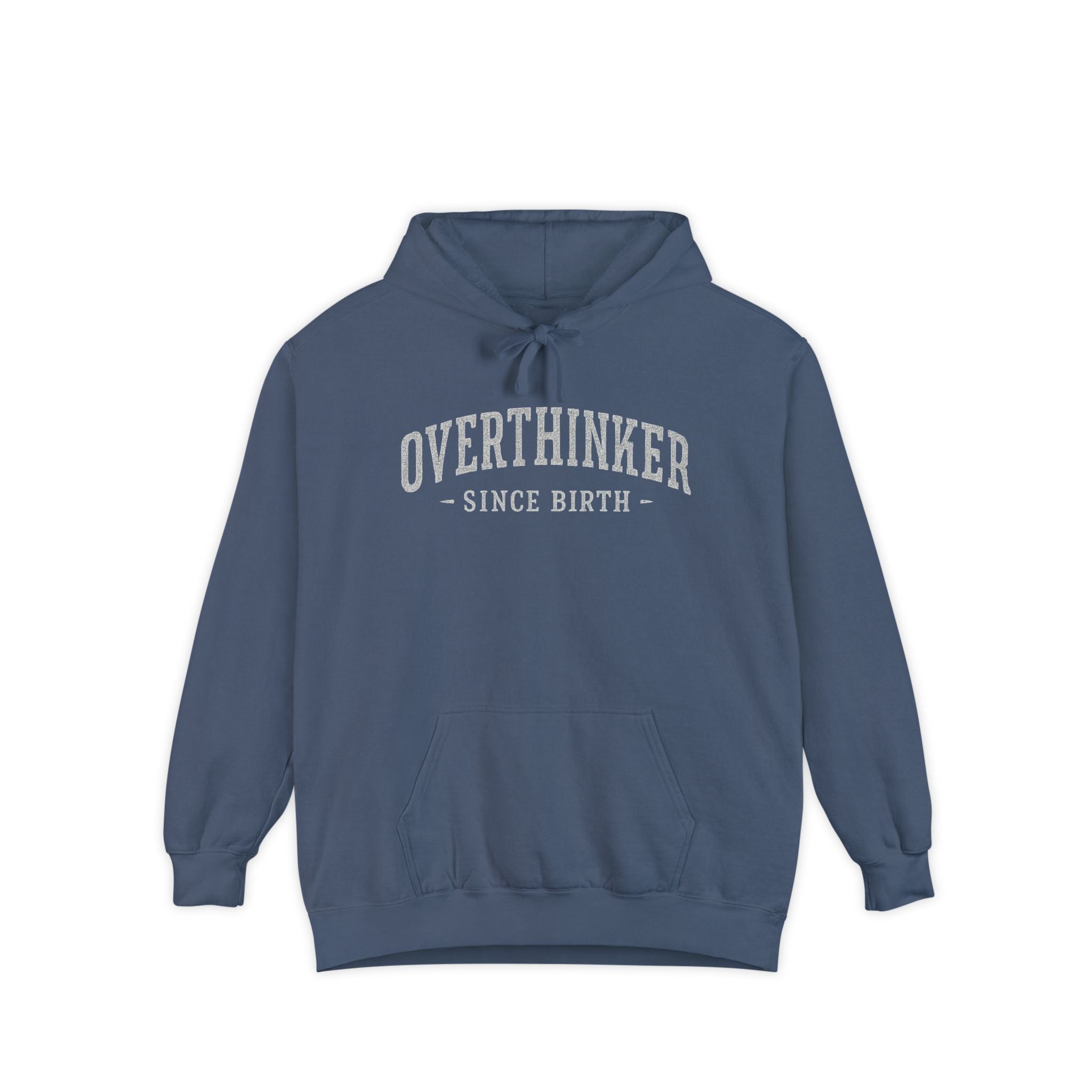 Navy blue Comfort Colors graphic overthinker hoodie with white text design