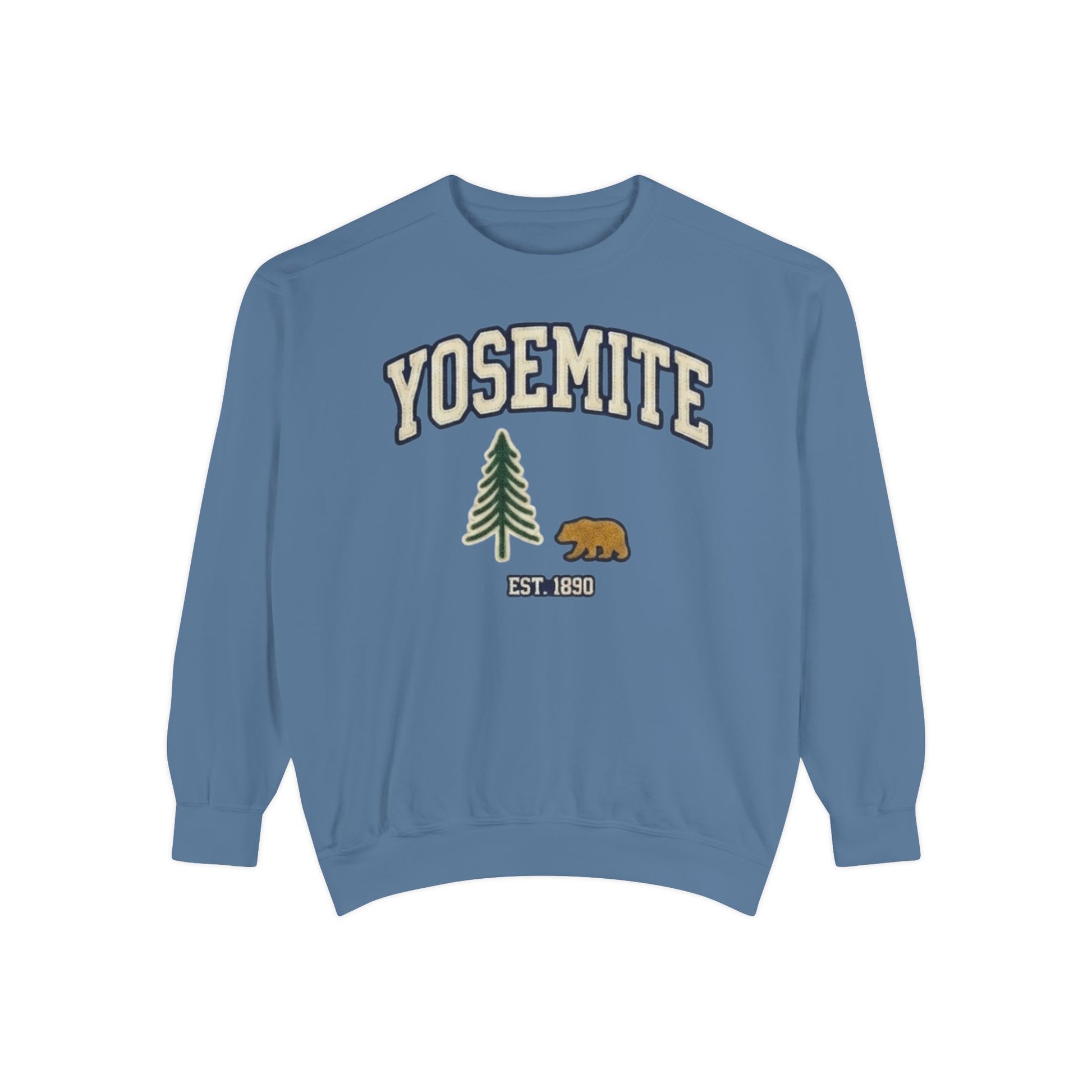 Blue Yosemite National Park sweatshirt with bear and pine graphic