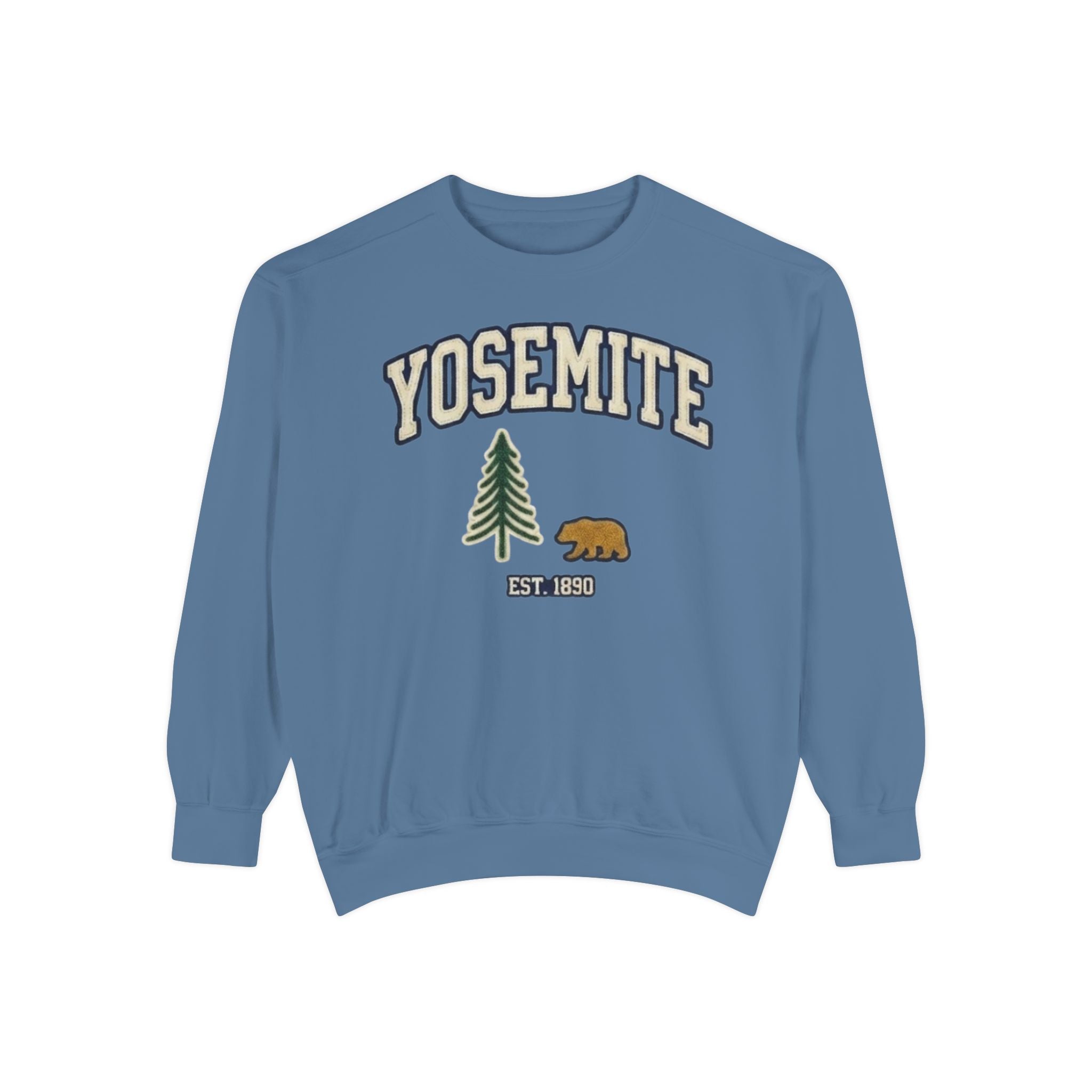 Blue Yosemite National Park sweatshirt with bear and pine graphic