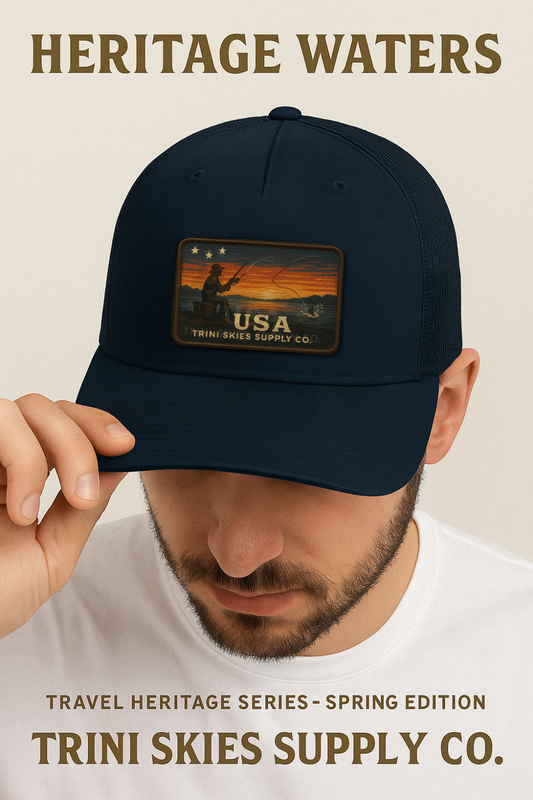 USA Fishing Patch Hat – Yupoong Retro Trucker | Lightweight Patriotic Cap | Trini Skies Heritage Waters Spring Edition