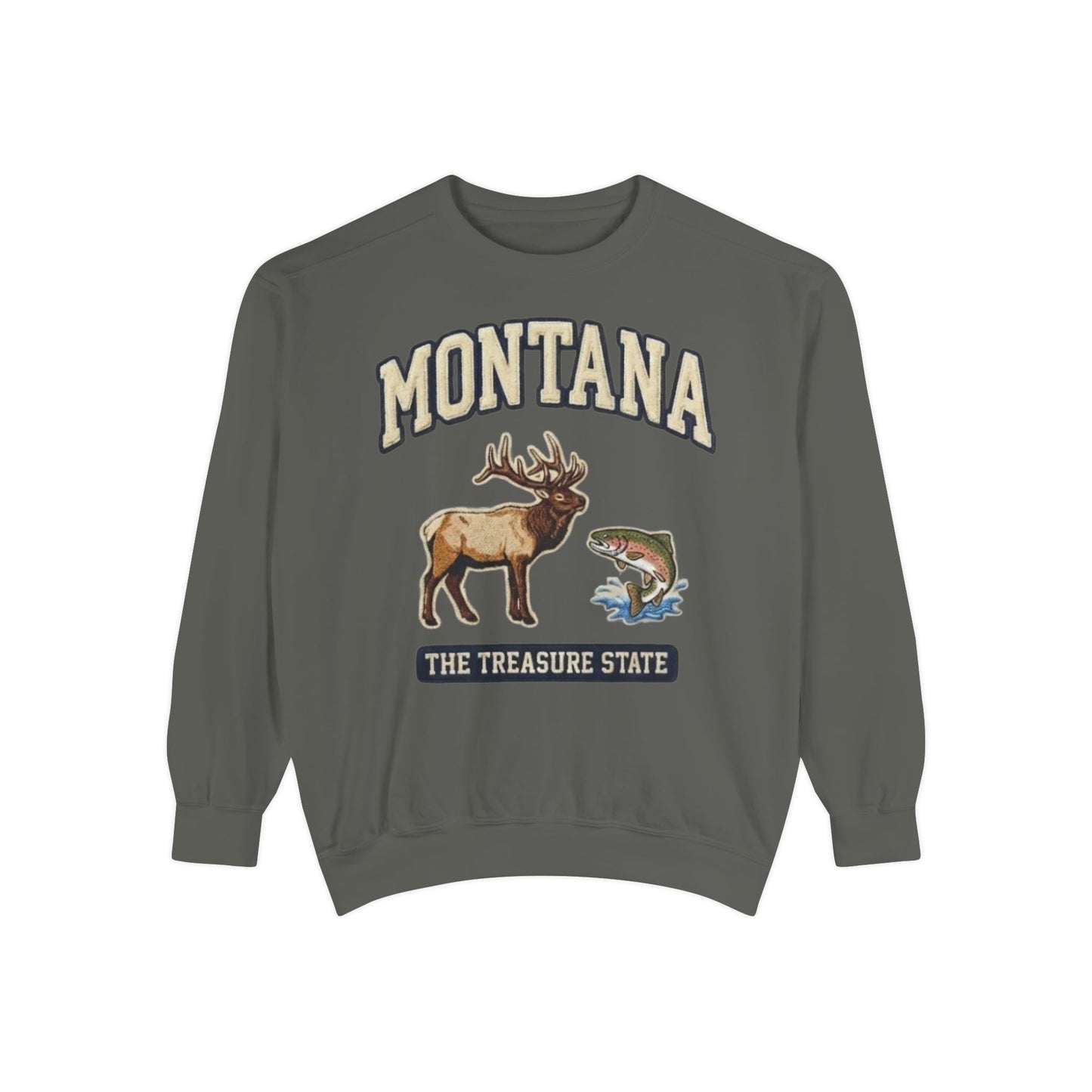 Vintage inspired elk and trout wildlife graphic on Montana sweatshirt