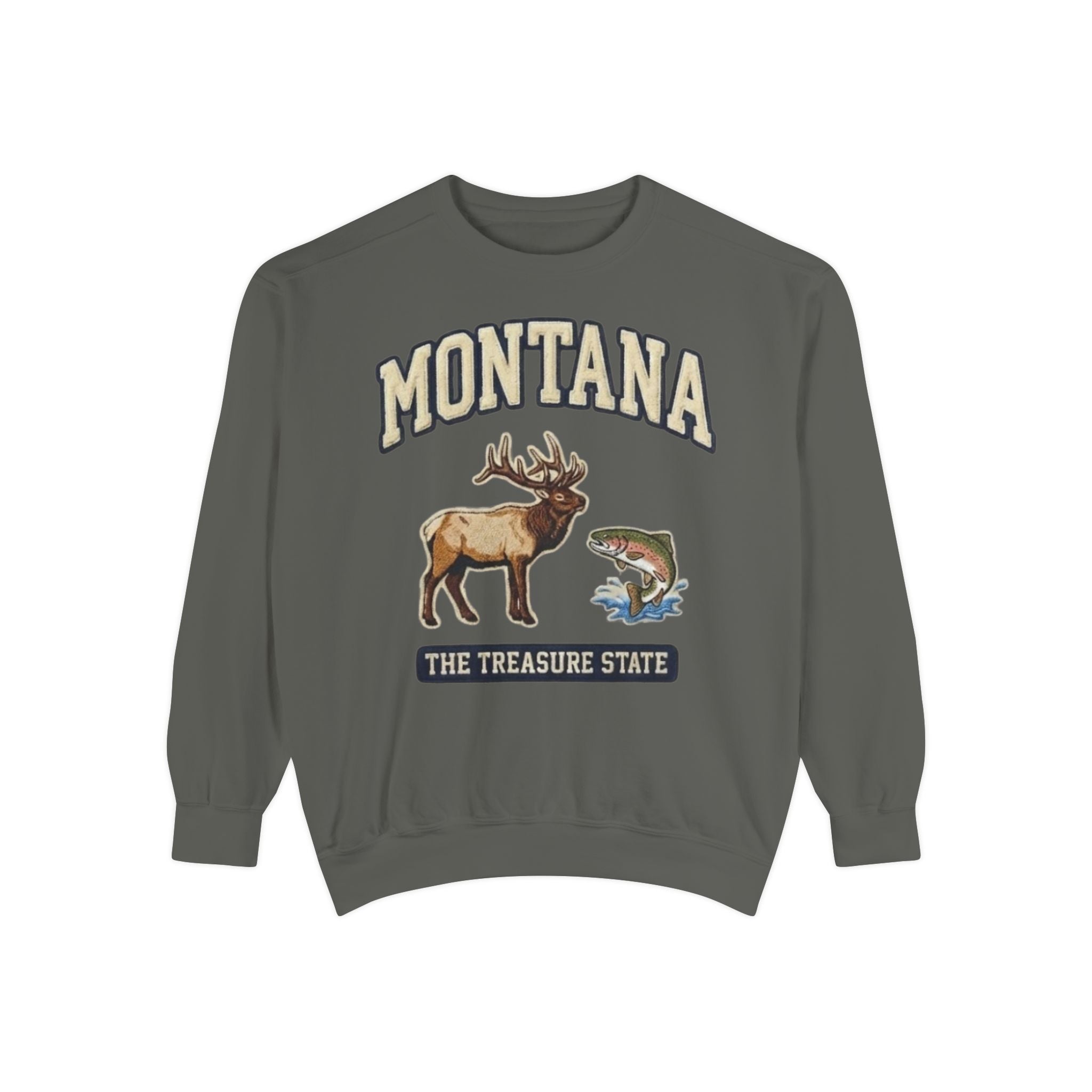 Vintage inspired elk and trout wildlife graphic on Montana sweatshirt