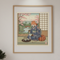 Red Panda Tea Ceremony Art Print – Japanese-Inspired Wildlife Illustration | Ukiyo-e Style Wall Art