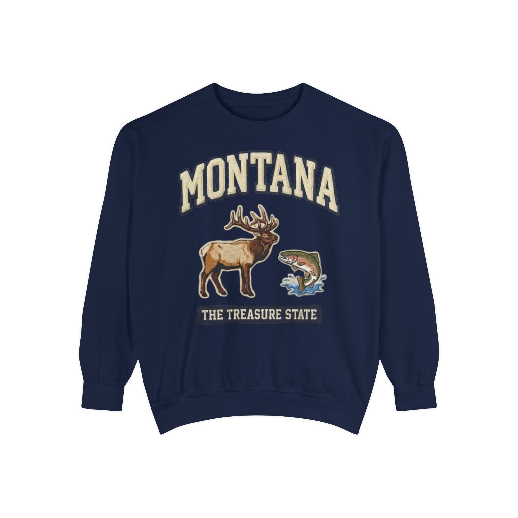 Vintage inspired elk and trout wildlife graphic on Montana sweatshirt