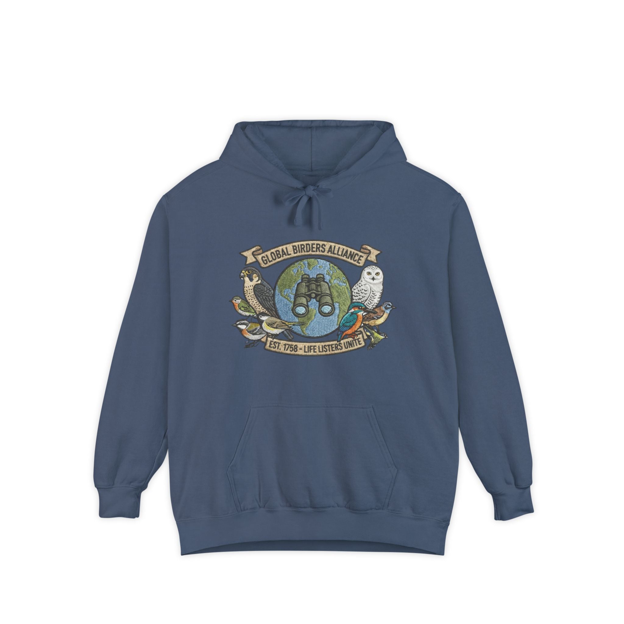Navy blue bird watcher sweatshirt with Global Birders Alliance owl logo