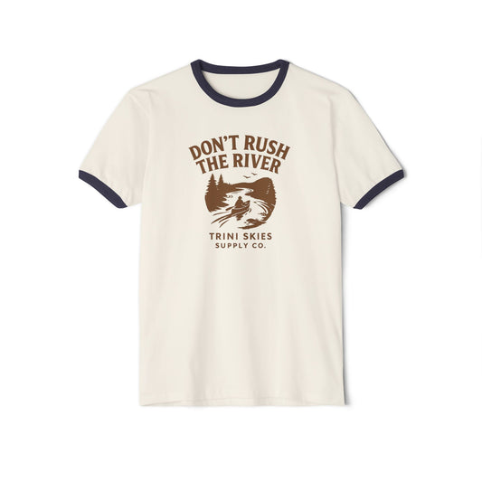 Don't Rush the River Ringer T-Shirt, Unisex Tee, Outdoor Adventure Shirt, Nature Lover Gift, Casual Wear, Hiking Apparel