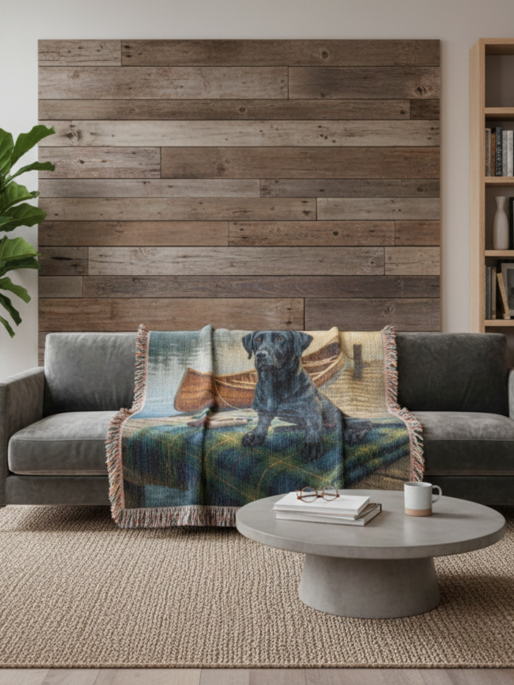 Black Lab by the Dock –  Labrador Retrievers Woven Cotton Heritage Blanket Pet Lovers Gift