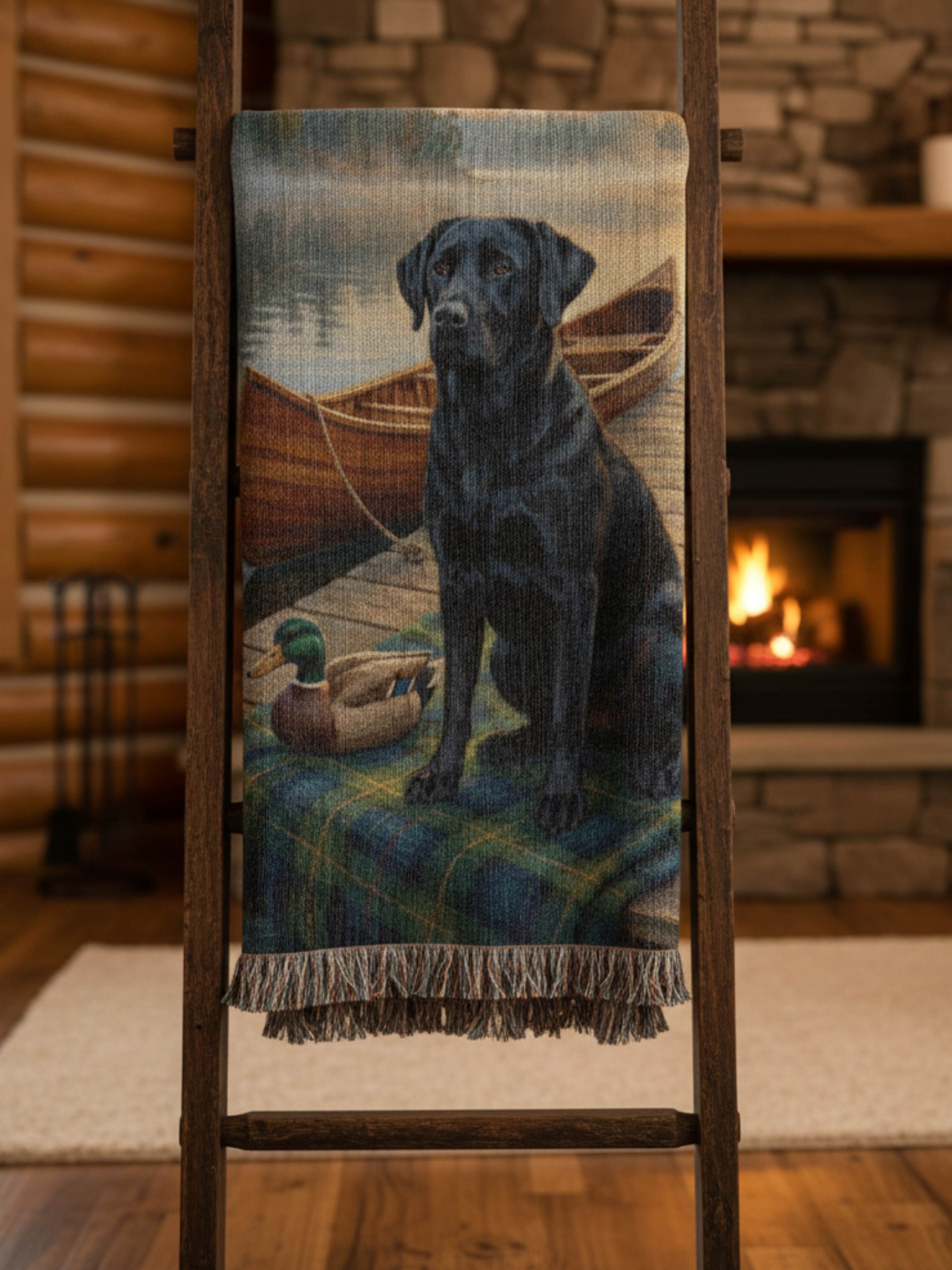 Black Lab by the Dock –  Labrador Retrievers Woven Cotton Heritage Blanket Pet Lovers Gift