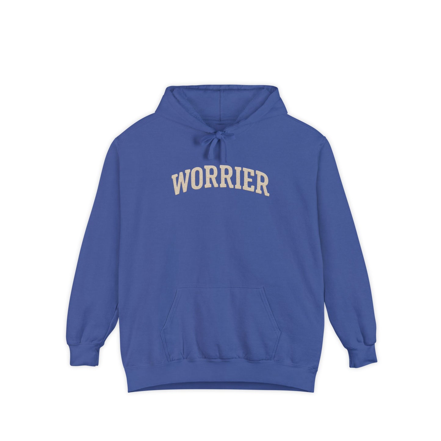 Royal blue Anxiety Hoodie with Worrier text in white, Comfort Colors cotton blend