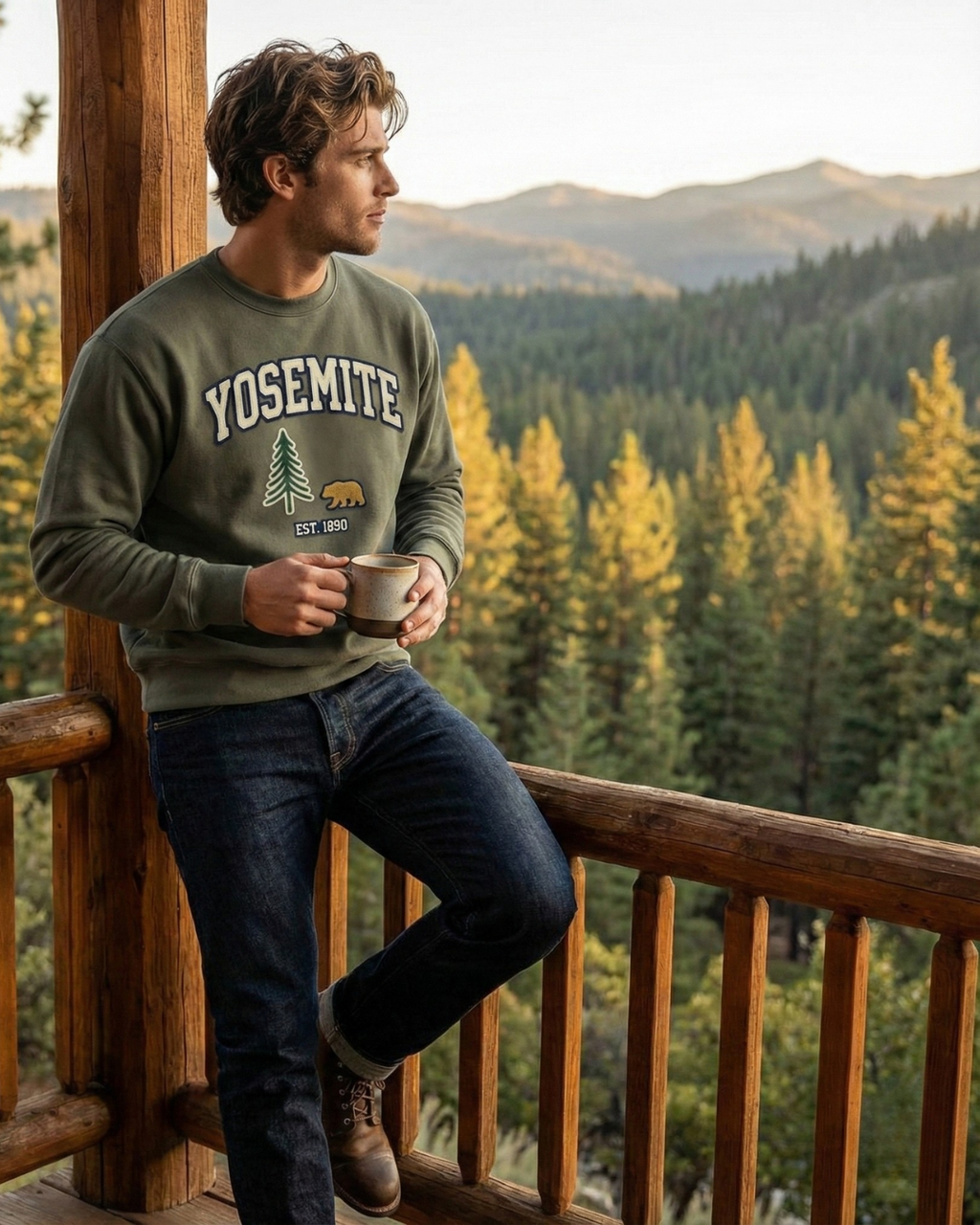 Olive green Yosemite National Park cotton sweatshirt with bear and pine design