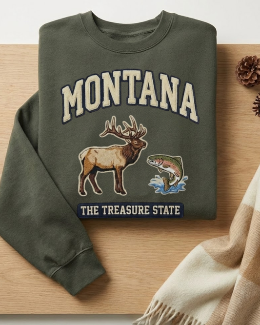 Vintage inspired elk and trout wildlife graphic Montana sweatshirt