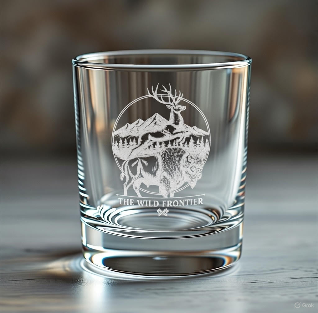 Wildlife Forest Whiskey Glass - 10.5oz Engraved Rocks Glass Mountain Design
