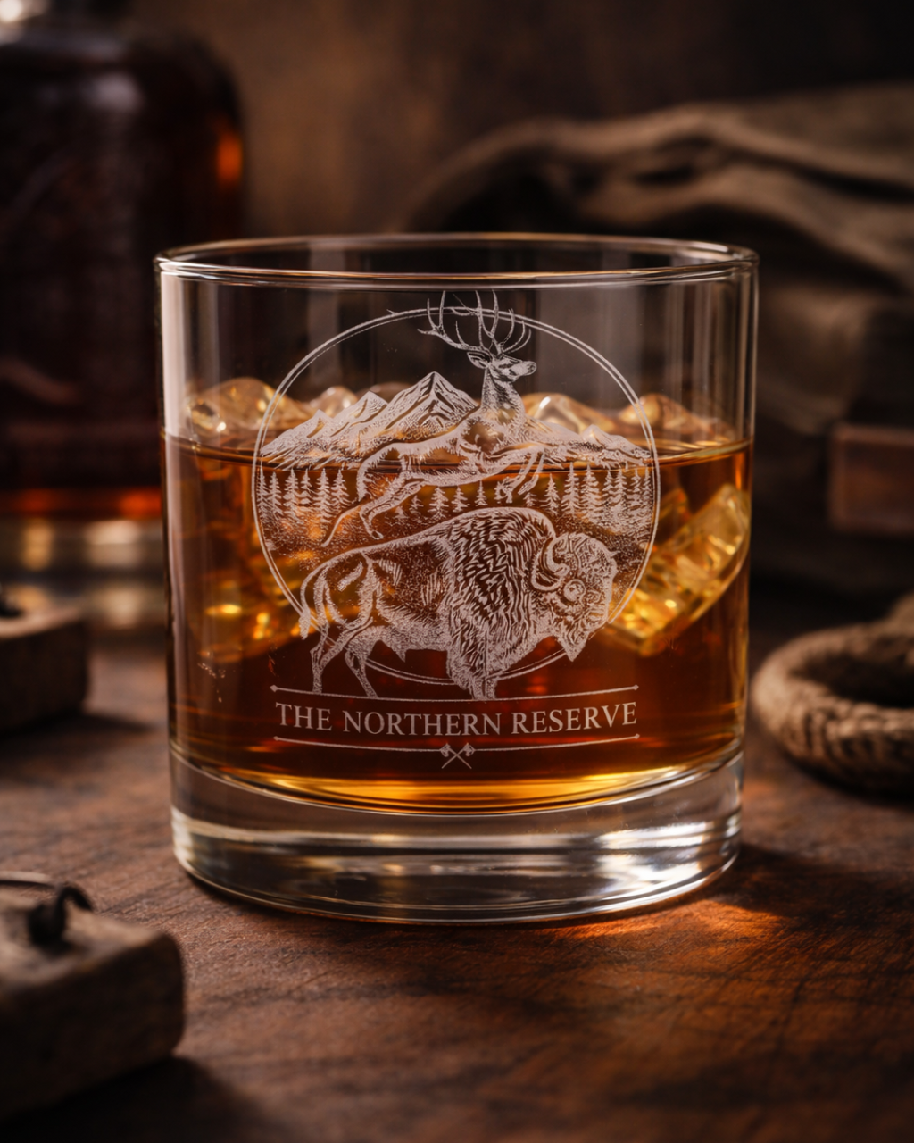 Wildlife Forest Whiskey Glass - 10.5oz Engraved Rocks Glass Mountain Design