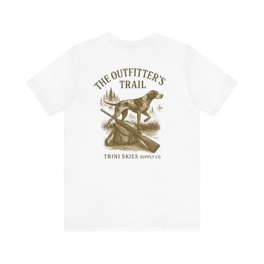 White t-shirt with hunting-themed graphic and text on a white background