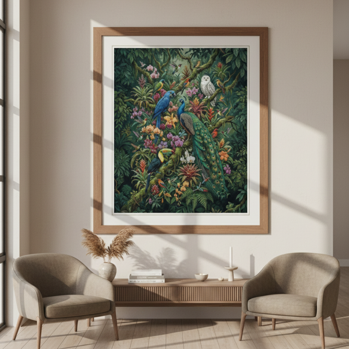 Tropical Aviary Art Print – Vibrant Peacock & Exotic Birds Botanical Wall Art