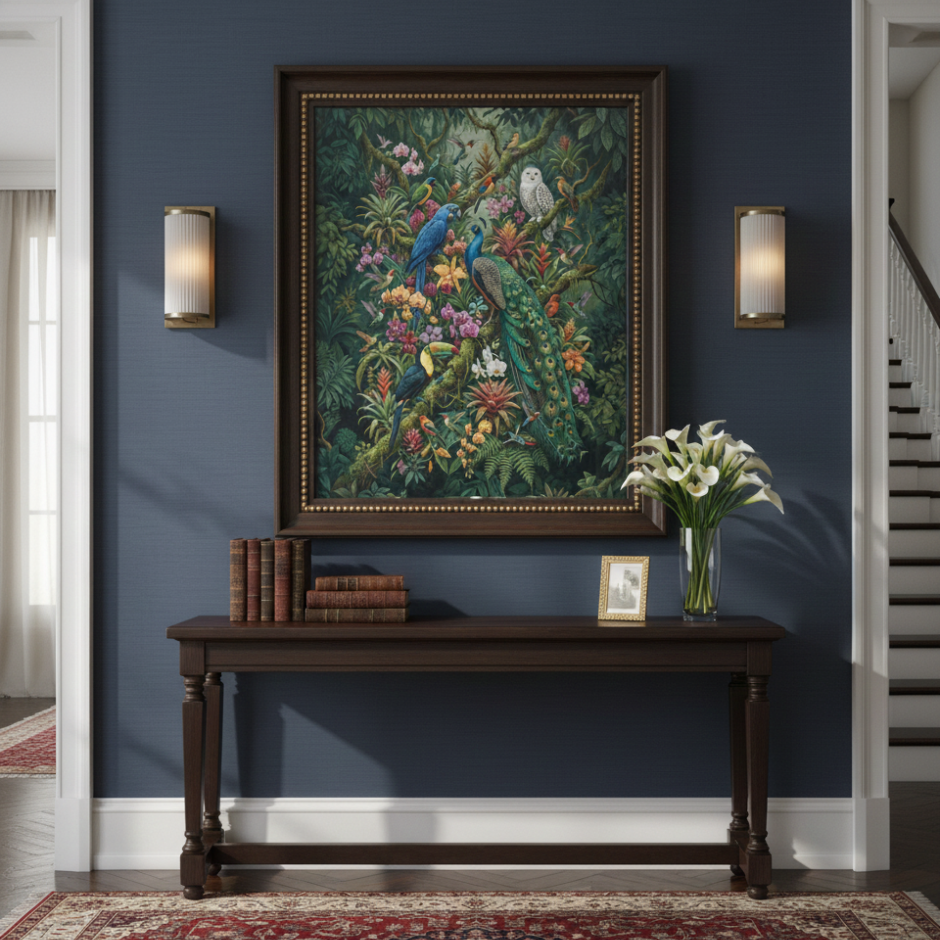 Tropical Aviary Art Print – Vibrant Peacock & Exotic Birds Botanical Wall Art