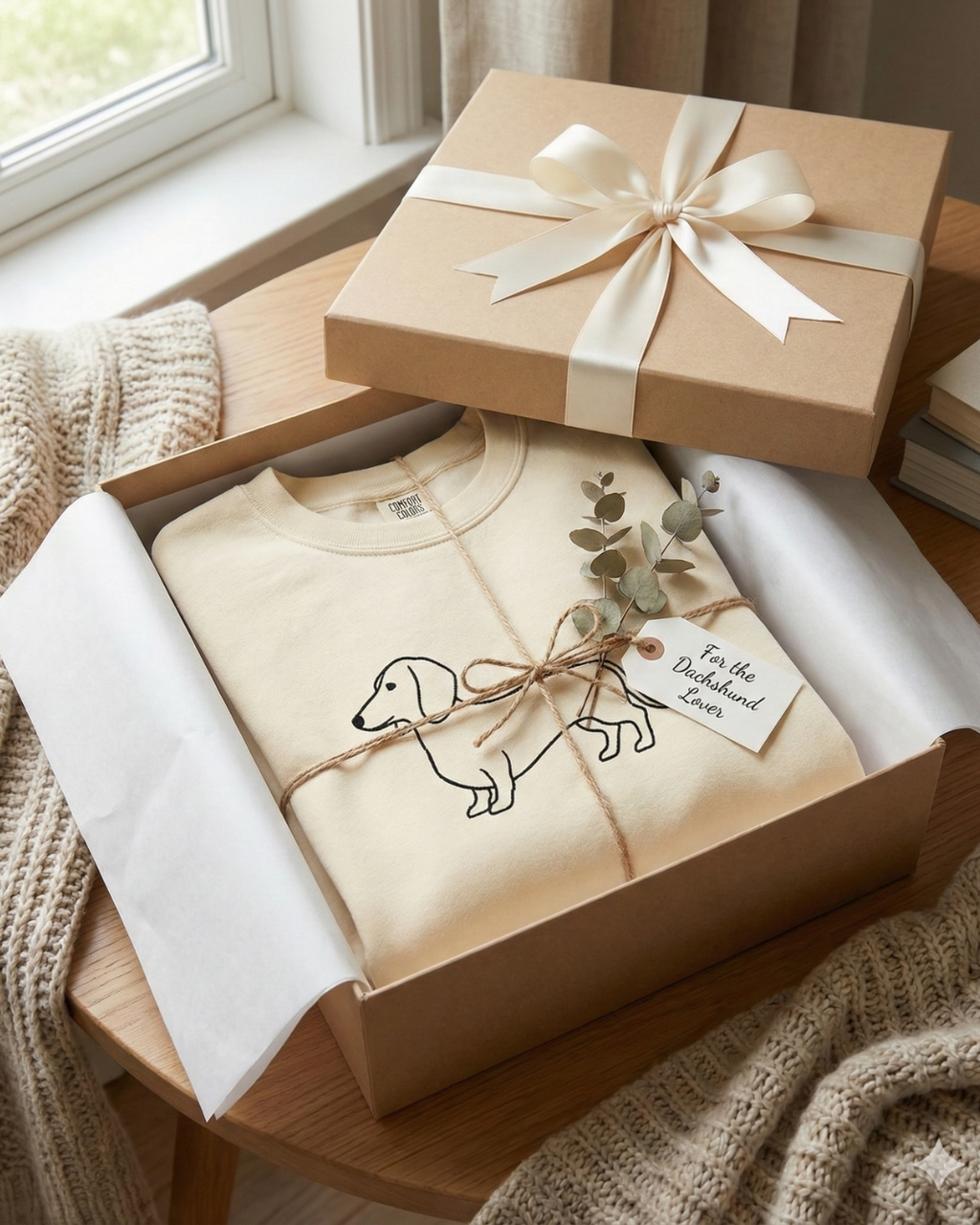Cream dachshund minimal line art wiener dog sweatshirt in gift box