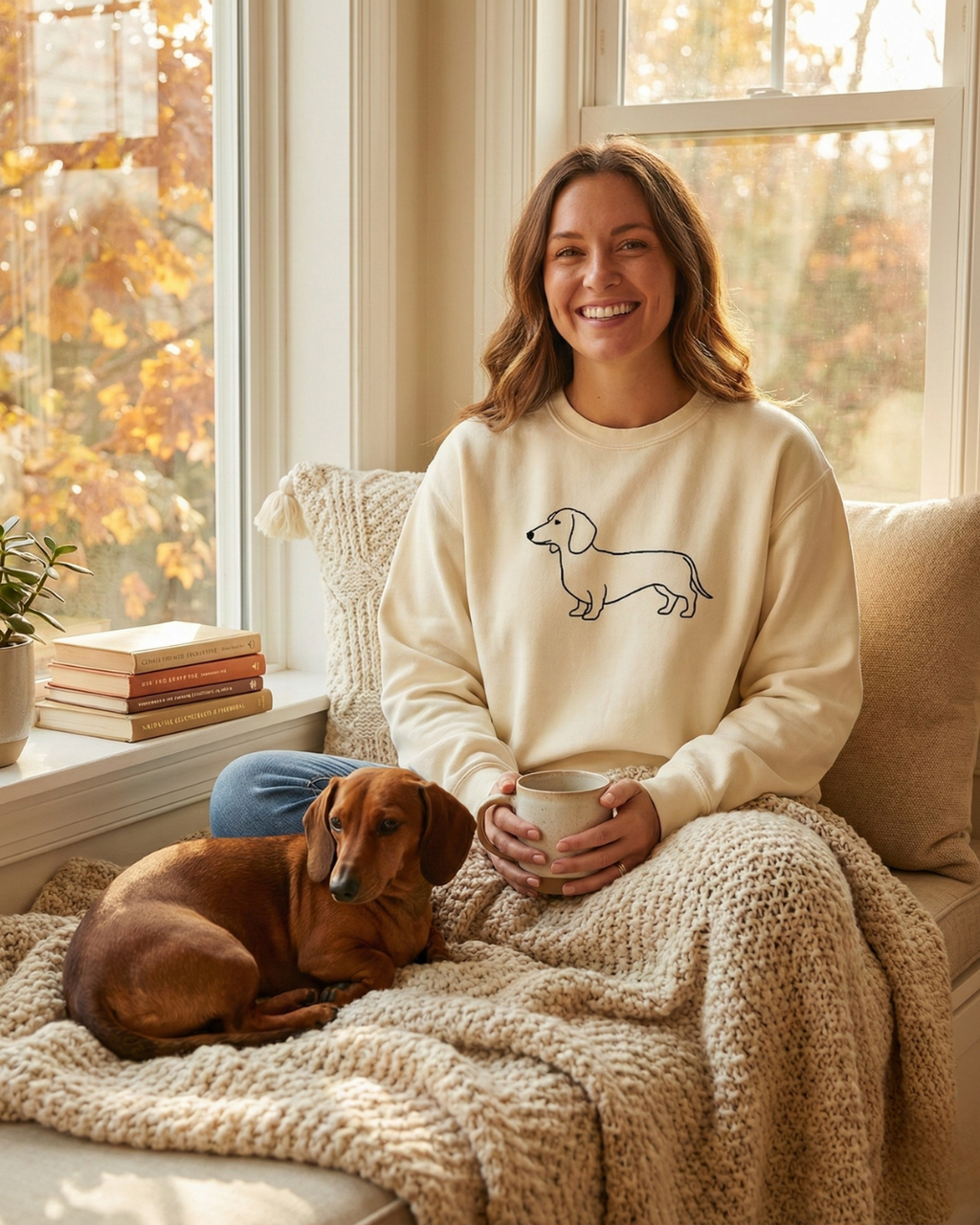 Cream-colored minimal line art wiener dog dachshund sweatshirt