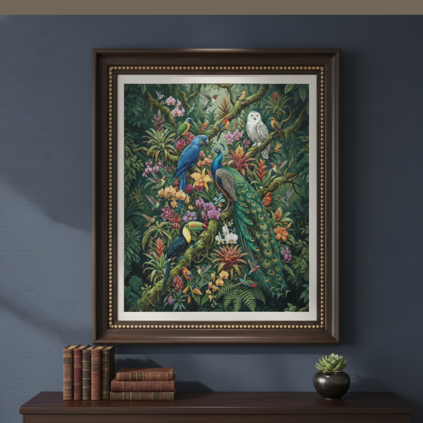 Tropical Aviary Art Print – Vibrant Peacock & Exotic Birds Botanical Wall Art