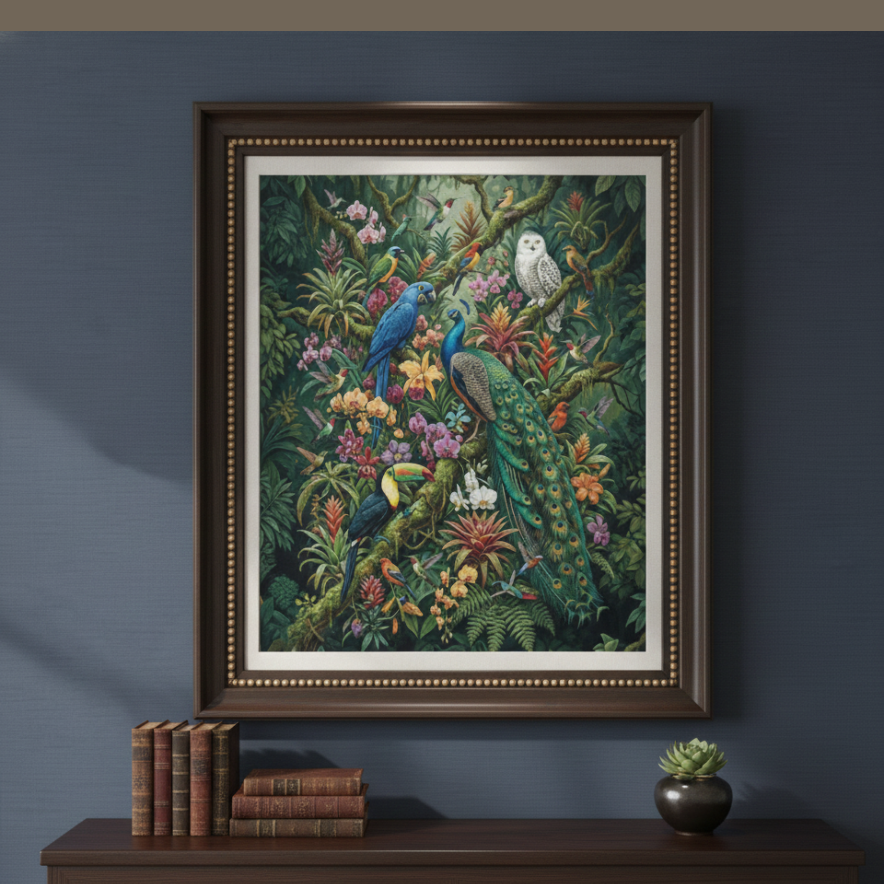 Tropical Aviary Art Print – Vibrant Peacock & Exotic Birds Botanical Wall Art