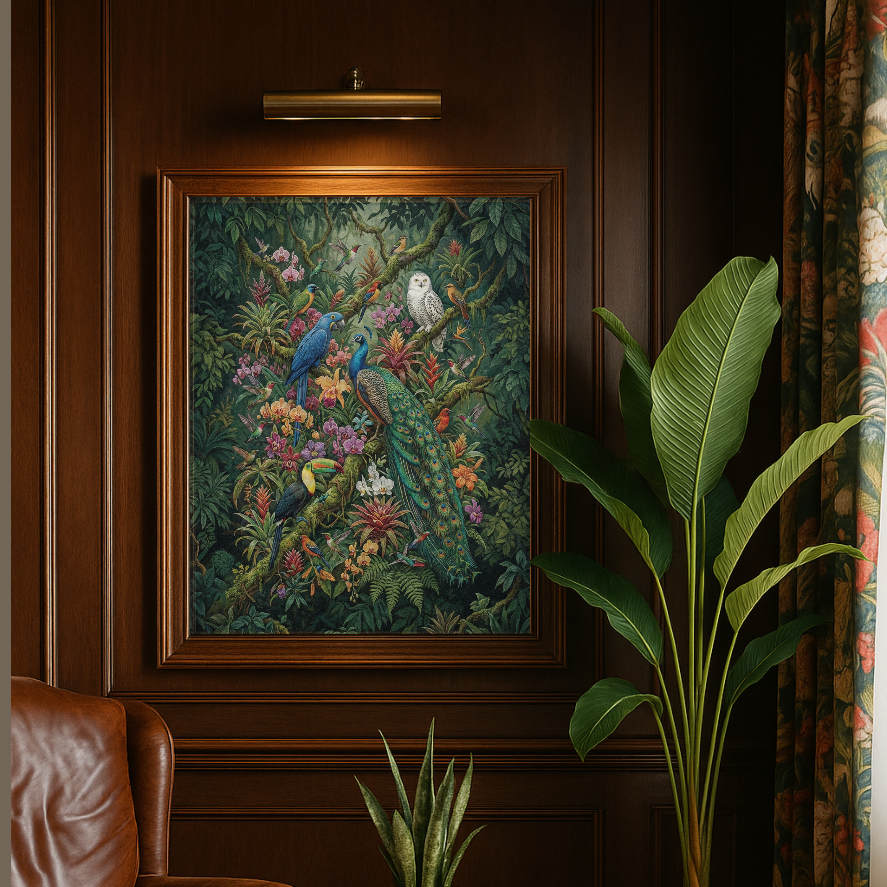 Tropical Aviary Art Print – Vibrant Peacock & Exotic Birds Botanical Wall Art