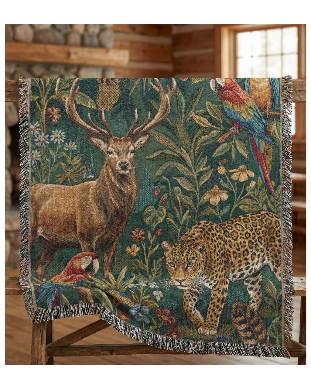 Woven Tapestry Throw Blanket – "The Global Wild" – Luxury Jacquard Wildlife Design (Stag, Jaguar, Macaw) – Cotton Fringe Sofa Throw, Bedspread & Wall Art