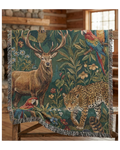 Woven Tapestry Throw Blanket – "The Global Wild" – Luxury Jacquard Wildlife Design (Stag, Jaguar, Macaw) – Cotton Fringe Sofa Throw, Bedspread & Wall Art