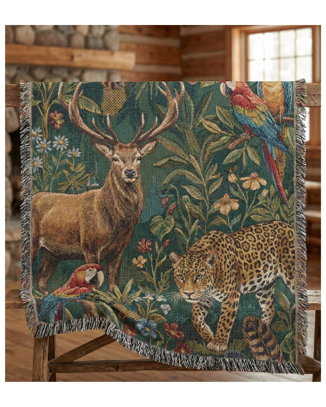 Woven Tapestry Throw Blanket – "The Global Wild" – Luxury Jacquard Wildlife Design (Stag, Jaguar, Macaw) – Cotton Fringe Sofa Throw, Bedspread & Wall Art