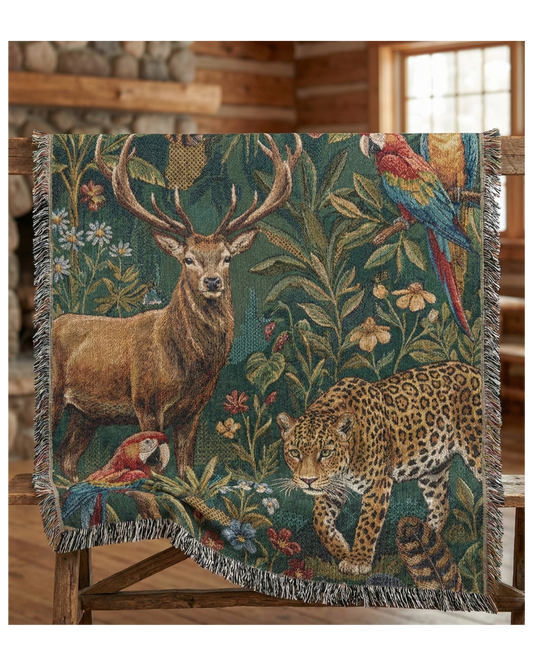 Woven Tapestry Throw Blanket – "The Global Wild" – Luxury Jacquard Wildlife Design (Stag, Jaguar, Macaw) – Cotton Fringe Sofa Throw, Bedspread & Wall Art