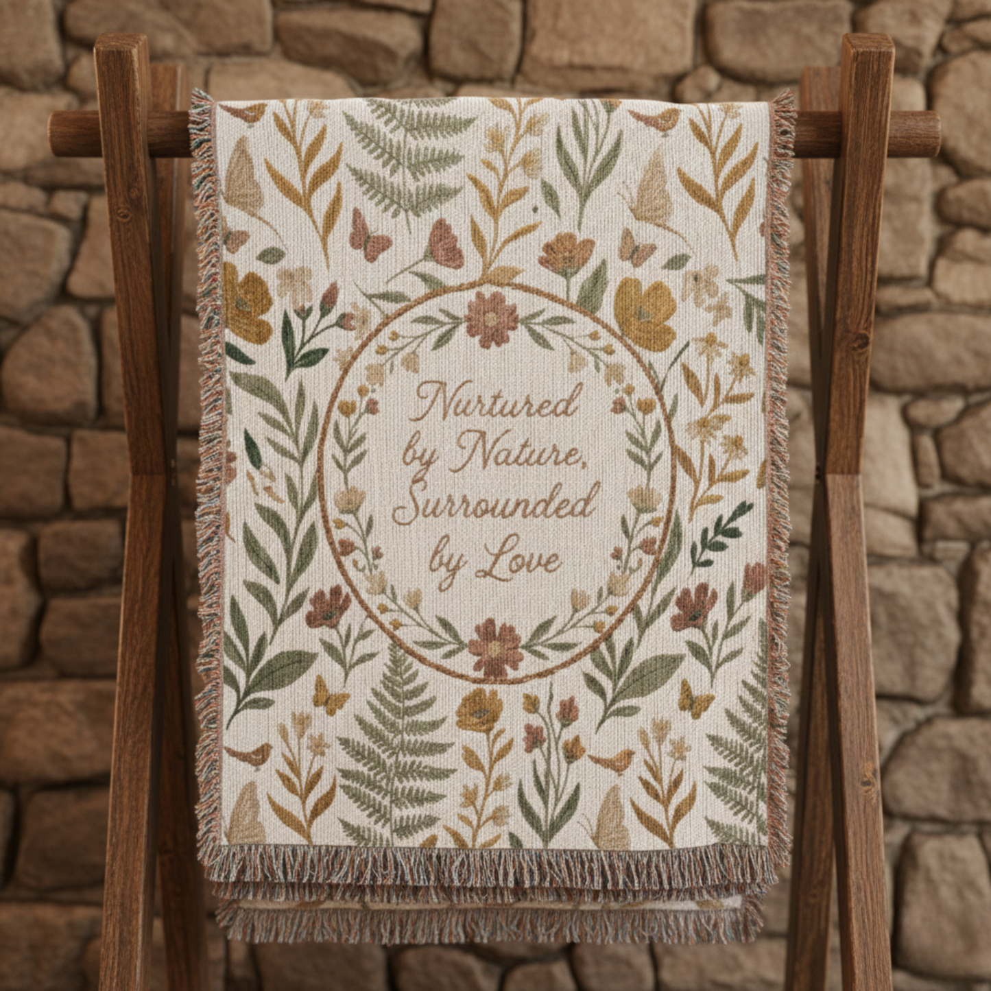 Botanical Wreath Woven Cotton Blanket – “Nurtured by Nature” Floral Throw Gift