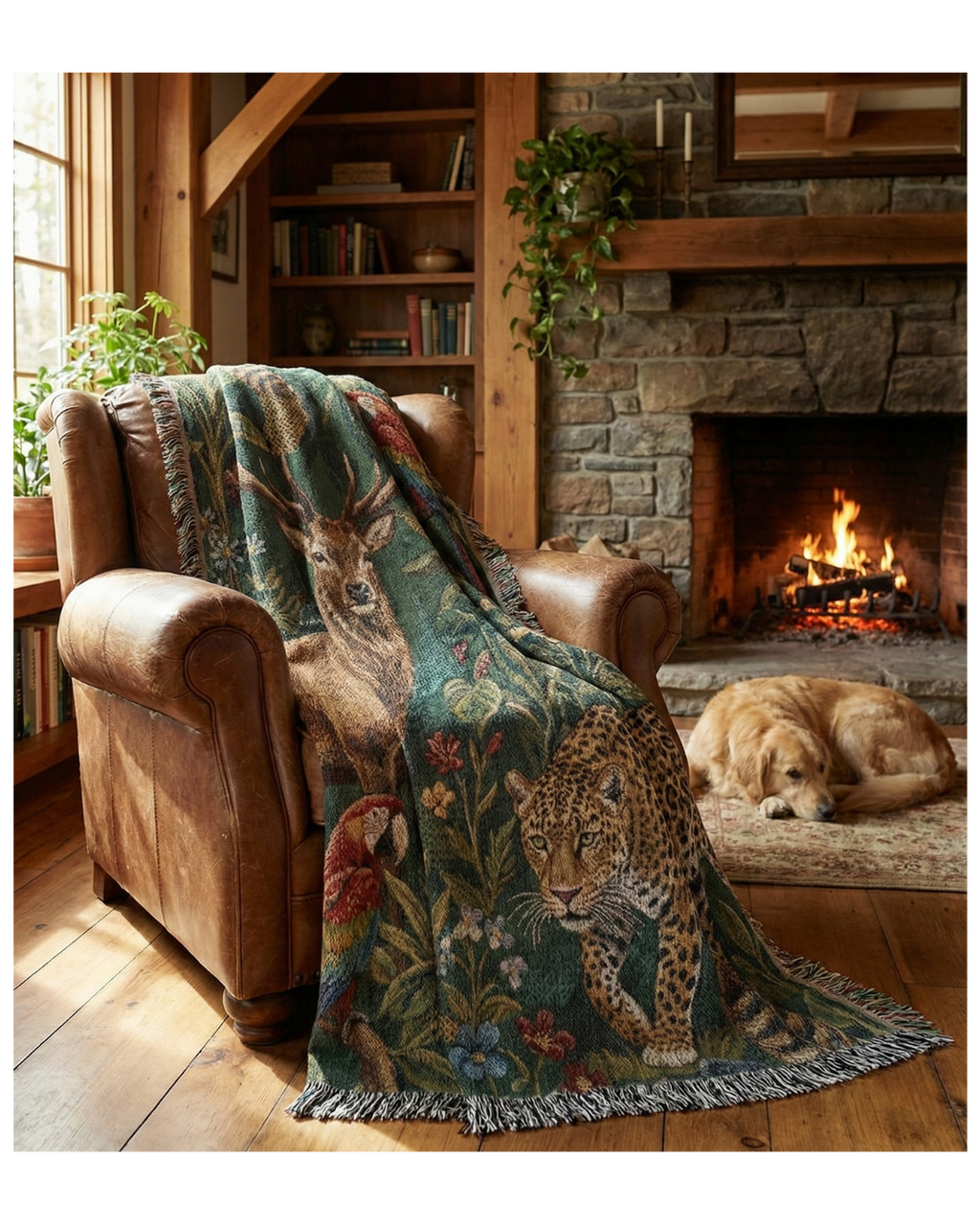 Woven Tapestry Throw Blanket – "The Global Wild" – Luxury Jacquard Wildlife Design (Stag, Jaguar, Macaw) – Cotton Fringe Sofa Throw, Bedspread & Wall Art